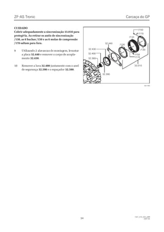 ZF-ASZF-AS TrTroniconic
3434
1327_31D_020_ptBR1327_31D_020_ptBR
2007-052007-05
CUIDADOCUIDADO
Cobrir adequadamente a sincronização 33.010 paraCobrir adequadamente a sincronização 33.010 para
protegê-la. Ao retirar os anéis de sincronizaçãoprotegê-la. Ao retirar os anéis de sincronização
/130, as 6 buchas /150 e as 6 molas de compressão/130, as 6 buchas /150 e as 6 molas de compressão
/170 saltam para fora./170 saltam para fora.
99 UtUtililizizanandodo 2 a2 alalavavancncasas dede momontntagagemem, l, levevanantatarr
a placaa placa 32.44032.440 e remover o corpo de acopla-e remover o corpo de acopla-
mentomento 32.43032.430..
1100 RReemmoovveerr aa lluuvvaa 32.40032.400 juntamente com o aneljuntamente com o anel
de segurançade segurança 32.39032.390 e o espaçadore o espaçador 32.38032.380..
32.43032.430
32.39032.390
32.38032.380
32.40032.400
/130/130
/130/130
/110/110
/170/170
33.01033.010
/150/150
/170/170
/150/150
32.44032.440
021763021763
Carcaça do GPCarcaça do GP
 