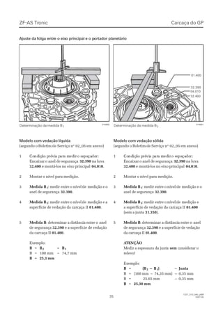 ZF-ASZF-AS TrTroniconic
3535
1327_31D_040_ptBR1327_31D_040_ptBR
2007-052007-05
Modelo com vedação líquidaModelo com vedação líquida
(segundo o Boletim de Serviço nº(segundo o Boletim de Serviço nº 02_05 em anexo)02_05 em anexo)
11 CoCondndiçiçãão po prérévivia pa parara ma mededirir o eo esspapaçaçadodor:r:
Encaixar o anel de segurançaEncaixar o anel de segurança 32.39032.390 na luvana luva
32.40032.400 e montá-los no eixo principale montá-los no eixo principal 04.01004.010..
22 MMoonnttaarr oo nníívveell ppaarraa mmeeddiiççããoo..
33 Medida BMedida B11: medir entre o nível de: medir entre o nível de medição e omedição e o
anel de segurançaanel de segurança 32.39032.390..
44 Medida BMedida B22: medir entre o nível de: medir entre o nível de medição e amedição e a
superfície de vedação da carcaça IIsuperfície de vedação da carcaça II 01.40001.400..
55 Medida BMedida B: determinar a distância entre o: determinar a distância entre o anelanel
de segurançade segurança 32.39032.390 e a superfície de vedaçãoe a superfície de vedação
da carcaça IIda carcaça II 01.40001.400..
Exemplo:Exemplo:
BB == BB22 –– BB11
BB == 110000 mmmm –– 7744,,77 mmmm
BB == 25,325,3 mmmm
016660016660
01.40001.400
32.39032.390
04.01004.010
32.40032.400
016661016661
Determinação da medida BDeterminação da medida B11 Determinação da medida BDeterminação da medida B22
Carcaça do GPCarcaça do GP
 Ajuste da Ajuste da folga entrfolga entre o eixe o eixo principalo principal e o pe o portador planetárioortador planetário
Modelo com vedação sólidaModelo com vedação sólida
(segundo o Boletim de Serviço nº(segundo o Boletim de Serviço nº 02_05 em anexo)02_05 em anexo)
11 CoCondndiçiçãão po prérévivia pa parara ma mededirir o eo esspapaçaçadodor:r:
Encaixar o anel de segurançaEncaixar o anel de segurança 32.39032.390 na luvana luva
32.40032.400 e montá-los no eixo principale montá-los no eixo principal 04.01004.010..
22 MMoonnttaarr oo nníívveell ppaarraa mmeeddiiççããoo..
33 Medida BMedida B11: medir entre o nível de: medir entre o nível de medição e omedição e o
anel de segurançaanel de segurança 32.39032.390..
44 Medida BMedida B22: medir entre o nível de: medir entre o nível de medição emedição e
a superfície de vedação da carcaça IIa superfície de vedação da carcaça II 01.40001.400
(sem a junta(sem a junta 31.35031.350).).
55 Medida BMedida B: determinar a distância entre o: determinar a distância entre o anelanel
de segurançade segurança 32.39032.390 e a superfície de vedaçãoe a superfície de vedação
da carcaça IIda carcaça II 01.40001.400..
 A ATENÇÃOTENÇÃO
Medir a espessura da juntaMedir a espessura da junta semsem considerar oconsiderar o
relevo!relevo!
Exemplo:Exemplo:
BB == (B(B22 –– BB11))  – – JuntaJunta
BB == (100(100 mmmm  – – 74,35 mm)74,35 mm) –– 0,35 mm0,35 mm
BB == 25,6525,65 mmmm  – – 0,35 mm0,35 mm
BB == 25,3025,30 mmmm
 