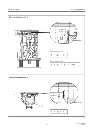 ZF-ASZF-AS TrTroniconic
3636
1327_31D_040_ptBR1327_31D_040_ptBR
2007-052007-05
BB
BB22
BB11
AA
AA11AA22
BB22
BB11
AA11
AA22
BB
32.40032.400
32.39032.390
04.01004.010
31.01031.010
32.19032.190
AA
015200015200
BB == BB22 –– BB11
AA == AA22 –– AA11
Determinação da medida BDeterminação da medida B
Determinação da medida A Determinação da medida A 
Carcaça do GPCarcaça do GP
B = (BB = (B22 –– BB11)) ––  junta junta
Sem a junta 31.350:Sem a junta 31.350:
Com a junta 31.350:Com a junta 31.350:
 