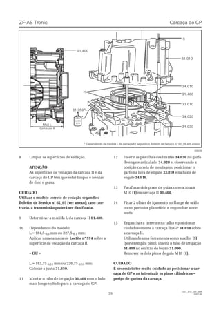 ZF-ASZF-AS TrTroniconic
3939
1327_31D_030_ptBR1327_31D_030_ptBR
2007-052007-05
88 LLiimmppaar ar as ss suupeperfrfíícciiees ds de ve veeddaaççããoo..
 A ATENÇÃOTENÇÃO
As superfícies de vedação da carcaça II eAs superfícies de vedação da carcaça II e dada
carcaça do GP têm que estar limpas e isentascarcaça do GP têm que estar limpas e isentas
de óleo e graxa.de óleo e graxa.
CUIDADOCUIDADO
Utilizar o modelo correto de vedação segundo oUtilizar o modelo correto de vedação segundo o
Boletim de Serviço nº 02_05 (ver anexo); caso con-Boletim de Serviço nº 02_05 (ver anexo); caso con-
trário, a transmissão poderá ser danificada.trário, a transmissão poderá ser danificada.
99 DeDetetermrmininarar aa memeddididaa LL dada cacarcrcaçaçaa IIII 01.40001.400..
1100 DDeeppeennddeennddoo ddoo mmooddeelloo::
L = 184,5L = 184,5-0,1-0,1 mm ou 227,5mm ou 227,5-0,1-0,1 mm:mm:
Aplicar uma camada deAplicar uma camada de Loctite nº 574Loctite nº 574 sobre asobre a
superfície de vedação da carcaça II.superfície de vedação da carcaça II.
– OU –– OU –
L = 183,75L = 183,75-0,13-0,13 mm ou 226,75mm ou 226,75-0,13-0,13 mm:mm:
Colocar a juntaColocar a junta 31.35031.350..
1111 MoMonntatarr oo tutubobo dede irirririggaçaçãoão 31.40031.400 com o ladocom o lado
mais longo voltado para amais longo voltado para a carcaça do GP.carcaça do GP.
1212 InInseseririr ar as ps pasastitilhlhasas dedeslslizizanantetess 34.03034.030 no garfono garfo
de engate articuladode engate articulado 34.02034.020 e, observando ae, observando a
posição correta de montagem, posicionar oposição correta de montagem, posicionar o
garfo na luva de engategarfo na luva de engate 33.01033.010 e na haste dee na haste de
engateengate 34.01034.010..
1313 PaPararafufusasar dr doiois ps pininosos dede guguiaia coconvnvenenciciononaiaiss
M10M10 (1)(1) na carcaça IIna carcaça II 01.40001.400..
1414 FiFixaxar 2r 2 ololhahaisis dede içiçamamenentoto nono flaflangnge de de se saíaídada
ou no portador planetário eou no portador planetário e enganchar a cor-enganchar a cor-
rente.rente.
1515 EnEngaganchncharar a ca corrorrenentete nana taltalhaha e pe pososicicioionanarr
cuidadosamente a carcaça do GPcuidadosamente a carcaça do GP 31.01031.010 sobresobre
a carcaça II.a carcaça II.
Utilizando uma ferramenta como auxílioUtilizando uma ferramenta como auxílio (3)(3)
(por exemplo: pino), inserir o tubo de irrigação(por exemplo: pino), inserir o tubo de irrigação
31.40031.400 no orifício do bujãono orifício do bujão 31.09031.090..
Remover os dois pinos de guia M10Remover os dois pinos de guia M10 (1)(1)..
CUIDADOCUIDADO
É necessário ter muito cuidado ao posicionar a car-É necessário ter muito cuidado ao posicionar a car-
caça do GP e ao introduzir os pinos cilíndricos –caça do GP e ao introduzir os pinos cilíndricos –
perigo de quebra da carcaça.perigo de quebra da carcaça.
Carcaça do GPCarcaça do GP
028226028226
11
Maß LMaß L
Gehäuse IIGehäuse II
31.01031.010
31.40031.400
33.01033.010
34.02034.020
34.03034.030
31.350*31.350*
34.01034.010
33
**
01.40001.400
LoctiteLoctite
574574
* Dependendo da medida L da carcaça II / segundo o Boletim de Ser* Dependendo da medida L da carcaça II / segundo o Boletim de Ser viço nº 02_05 emviço nº 02_05 em anexoanexo
 