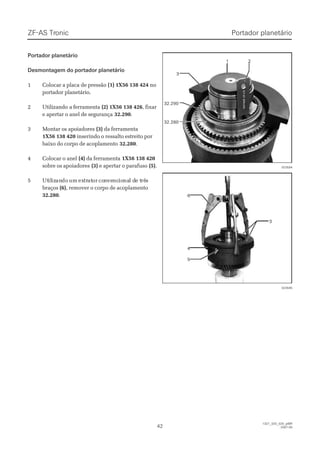 ZF-ASZF-AS TrTroniconic
4242
  1327_32D_020_ptBR  1327_32D_020_ptBR
2007-052007-05
Portador planetárioPortador planetário
Portador planetárioPortador planetário
Desmontagem do portador planetárioDesmontagem do portador planetário
11 CCoollooccaarr aa ppllaaccaa ddee pprreessssããoo (1) 1X56 138 424(1) 1X56 138 424 nono
portador planetário.portador planetário.
22 UUttiilliizzaannddo ao a ffeerrrraammeennttaa (2) 1X56 138 426(2) 1X56 138 426, fixar, fixar
e apertar o anel de segurançae apertar o anel de segurança 32.29032.290..
33 MMoonnttaarr ooss aappooiiaaddoorreess (3)(3) da ferramentada ferramenta
1X56 138 4201X56 138 420 inserindo o ressalto estreito porinserindo o ressalto estreito por
baixo do corpo de acoplamentobaixo do corpo de acoplamento 32.28032.280..
44 CCoollooccaarr oo aanneell (4)(4) da ferramentada ferramenta 1X56 138 4201X56 138 420
sobre os apoiadoressobre os apoiadores (3)(3) e apertar o parafusoe apertar o parafuso (5)(5)..
55 UtUtililizizanandodo umum exextrtratatoror coconnvevencncioionanal dl de te trêrêss
braçosbraços (6)(6), remover o corpo de acoplamento, remover o corpo de acoplamento
32.28032.280..
11
33
32.29032.290
32.28032.280
22
023594023594
33
66
44
55
023595023595
 