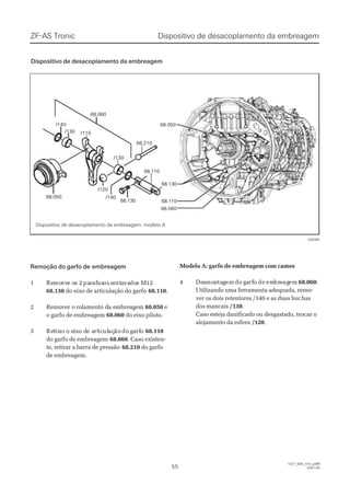 Remoção do garfo deRemoção do garfo de embreagemembreagem
11 ReRemomovever or os 2s 2 paparrafafususosos sseextxtaavavadodos Ms M1212
68.13068.130 do eixo de articulação do garfodo eixo de articulação do garfo 68.11068.110..
22 RReemmoovveer or o rroollaammeenntto do da ea emmbbrreeaaggeemm 68.05068.050 ee
o garfo de embreagemo garfo de embreagem 68.06068.060 do eixo piloto.do eixo piloto.
33 ReRettirirarar o eo eiixxo do de ae artrticicululaçaçãoão dodo ggaarfrfoo 68.11068.110
do garfo de embreagemdo garfo de embreagem 68.06068.060. Caso existen-. Caso existen-
te, retirar a barra de pressãote, retirar a barra de pressão 68.21068.210 do garfodo garfo
de embreagem.de embreagem.
Modelo A: garfo de embreagem com camesModelo A: garfo de embreagem com cames
44 DeDessmomonntataggemem dodo ggaarfrfoo dede emembrbreeagagemem 68.06068.060::
Utilizando uma ferramenta adequada, remo-Utilizando uma ferramenta adequada, remo-
ver os dois retentores /140 e as duas bucver os dois retentores /140 e as duas buchashas
dos mancaisdos mancais /130/130..
Caso esteja danificado ou desgastado, trocar oCaso esteja danificado ou desgastado, trocar o
alojamento da esferaalojamento da esfera /120/120..
68.13068.130
68.05068.050
68.11068.110
68.06068.060
68.21068.210
/110/110
68.05068.050
68.06068.060
/130/130
/140/140
/140/140
/130/130
/120/120
68.13068.130
68.11068.110
028365028365
ZF-AS TronicZF-AS Tronic
5555
Dispositivo de desacoplamento da embreagemDispositivo de desacoplamento da embreagem
1327_68D_010_ptBR1327_68D_010_ptBR
2007-052007-05
Dispositivo de desacoplamento da embreagemDispositivo de desacoplamento da embreagem
Dispositivo de desacoplamento da embreagem: modelo ADispositivo de desacoplamento da embreagem: modelo A
 