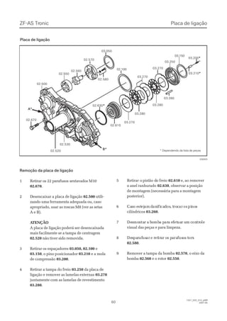 ZF-ASZF-AS TrTroniconic
6060
1327_02D_010_ptBR1327_02D_010_ptBR
2007-052007-05
Remoção da placa de ligaçãoRemoção da placa de ligação
11 RetirarRetirar osos 2222 parafusosparafusos sextavadossextavados M10M10
02.67002.670..
22 DDeesseennccaaiixxaarr aa ppllaaccaa ddee lliiggaaççããoo 02.50002.500 utiliutili--
zando uma ferramenta adequada ou, casozando uma ferramenta adequada ou, caso
apropriado, usar as roscas M8 (ver as setasapropriado, usar as roscas M8 (ver as setas
A e B).A e B).
 A ATENÇÃOTENÇÃO
A placa de ligação poderá ser desencaixadaA placa de ligação poderá ser desencaixada
mais facilmente se a tampa de centragemmais facilmente se a tampa de centragem
02.52002.520 não tiver sido removida.não tiver sido removida.
33 RetirarRetirar osos espaçadoresespaçadores 03.050, 02.10003.050, 02.100 ee
03.15003.150, o pino p, o pino posicionadorosicionador 03.21003.210 e a molae a mola
de compressãode compressão 03.20003.200..
44 RReettiirraarr aa ttaammppaa ddoo ffrreeiioo 03.25003.250 da placa deda placa de
ligação e remover as lamelas externasligação e remover as lamelas externas 03.27003.270
juntamente com as lamelas de revestimentojuntamente com as lamelas de revestimento
03.28003.280..
55 RReettiirraar or o ppiissttãão do doo ffrreeiioo 02.61002.610 e, ao removere, ao remover
o anel ranhuradoo anel ranhurado 02.63002.630, observar a posição, observar a posição
de montagem (necessária para a montagemde montagem (necessária para a montagem
posterior).posterior).
66 CaCasso eo eststejejamam ddananiifificacaddosos, t, troroccarar osos pipinonoss
cilíndricoscilíndricos 03.26003.260..
77 DeDessmomonntatar a br a boombmba pa parara ea effetetuauar ur um cm conontrtroolele
visual das peças e para limpeza.visual das peças e para limpeza.
88 DeDesspaparrafafususarar e re retetiriraar or os ps paararaffususoos ts tororxx
02.58002.580..
99 RReemmoovveerr aa ttaammppaa ddaa bboommbbaa 02.57002.570, o eixo da, o eixo da
bombabomba 02.56002.560 e o rotore o rotor 02.55002.550..
02.50002.500
03.05003.050
02.10002.100   03.270  03.270
03.27003.270
03.27003.270
03.25003.250
03.15003.150
03.26003.260
03.28003.280
03.28003.280
02.67002.670
03.21003.210**
03.20003.200**
02.61002.610
02.63002.630**
02.53002.530
02.52002.520
02.56002.560
02.55002.550
02.57002.570
02.58002.580
B*B*
 A* A*
028303028303
Placa de ligaçãoPlaca de ligação
Placa de ligaçãoPlaca de ligação
* Dependendo da lista de peças* Dependendo da lista de peças
 