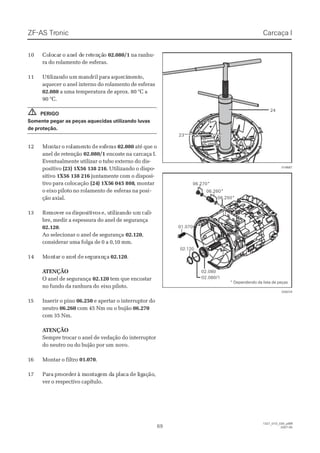 ZF-ASZF-AS TrTroniconic
6969
1327_01D_030_ptBR1327_01D_030_ptBR
2007-052007-05
1010 CoCololocacarr oo ananeel dl dee rerettenençãçãoo 02.080/102.080/1 na ranhu-na ranhu-
ra do rolamento dera do rolamento de esferas.esferas.
1111 UtUtililizizanandodo umum mamandndrilril paparara aqaqueuecicimementnto,o,
aquecer o anel interno do rolamento de esferasaquecer o anel interno do rolamento de esferas
02.08002.080 a uma temperatura de aprox. 80 °C aa uma temperatura de aprox. 80 °C a
90 °C.90 °C.
PERIGOPERIGO
Somente pegar as peças aquecidas utilizando luvasSomente pegar as peças aquecidas utilizando luvas
de proteção.de proteção.
1212 MoMontntarar oo rorolalamementntoo dede esesffererasas 02.08002.080 até que oaté que o
anel de retençãoanel de retenção 02.080/102.080/1 encoste na carcaça I.encoste na carcaça I.
Eventualmente utilizar o tubo externo do dis-Eventualmente utilizar o tubo externo do dis-
positivopositivo (23) 1X56 138 216(23) 1X56 138 216. Utilizando o dispo-. Utilizando o dispo-
sitivositivo 1X56 138 2161X56 138 216 juntamente com o disposi-juntamente com o disposi-
tivo para colocaçãotivo para colocação (24(24)) 1X51X56 045 8086 045 808, montar, montar
o eixo piloto no rolamento deo eixo piloto no rolamento de esferas na posiesferas na posi--
ção axial.ção axial.
1313 ReRemomovever osr os didispspososititivivosos e, ue, utitililizazandndo umo um cacalili--
bre, medir a espessura do anel de segurançabre, medir a espessura do anel de segurança
02.12002.120..
Ao selecionar o anel de segurançaAo selecionar o anel de segurança 02.12002.120,,
considerar uma folga de 0 a 0,10 mm.considerar uma folga de 0 a 0,10 mm.
1414 MMonontatarr oo aanenell dede sesegugurranançaça 02.12002.120..
 A ATENÇÃOTENÇÃO
O anel de segurançaO anel de segurança 02.12002.120 tem que encostartem que encostar
no fundo da ranhura dono fundo da ranhura do eixo piloto.eixo piloto.
1155 IInnsseerriirr oo ppiinnoo 06.25006.250 e apertar o interruptor doe apertar o interruptor do
neutroneutro 06.26006.260 com 45 Nm ou o bujãocom 45 Nm ou o bujão 06.27006.270
com 35 Nm.com 35 Nm.
 A ATENÇÃOTENÇÃO
Sempre trocar o anel de vedação do interruptorSempre trocar o anel de vedação do interruptor
do neutro ou do bujão por umdo neutro ou do bujão por um novo.novo.
1166 MMoonnttaarr oo ffiillttrroo 01.07001.070..
1717 PaParara prprococedederer à mà monontagtagem dem da pa plalacaca de lde ligigaçaçãoão,,
ver o respectivo capítulo.ver o respectivo capítulo.
!!
016687016687
2424
2323
028224028224
01.07001.070
02.08002.080
02.080/102.080/1
02.12002.120
06.260*06.260*
06.250*06.250*
06.270*06.270*
* Dependendo da lista de peças* Dependendo da lista de peças
Carcaça ICarcaça I
 