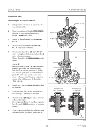 Conjunto de eixosConjunto de eixos
Desmontagem do conjunto de eixosDesmontagem do conjunto de eixos
11 PParara pa proroccedederer à rà rememooçãção do da ca cararcacaçaça I,I, vever or o
respectivo capítulo.respectivo capítulo.
22 RReemmoovveerr ooss ppiinnooss ddee fifixxaaççããoo 1X56 138 2081X56 138 208 ee
deslocar as engrenagens da marcha rédeslocar as engrenagens da marcha ré
05.04005.040 ee 05.14005.140 para o lado.para o lado.
33 RReettiirarar or os ds dooiis ts tuubboos ds de ie irrrriiggaaççããoo 01.42001.420 ee
01.43001.430..
44 IInncclliinnaar or os es eiixxoos is inntteermrmeeddiiááririooss 03.01003.010 ee
03.11003.110 para o lado e retirá-los.para o lado e retirá-los.
55 PPoossiicciioonnaarr oo ddiissppoossiittiivvoo (25) 1X56 138 197(25) 1X56 138 197
sobre o eixo piloto. Colocar as buchassobre o eixo piloto. Colocar as buchas (1(1 ee 2)2)
sobre as hastes de engate.sobre as hastes de engate.
Fixar o dispositivoFixar o dispositivo (23) 1X56 138 216(23) 1X56 138 216 no eixono eixo
piloto.piloto.
 A ATENÇÃOTENÇÃO
O dispositivoO dispositivo (23) 1X56 138 216(23) 1X56 138 216 é compostoé composto
por dois apoiadores, um tubo e umapor dois apoiadores, um tubo e uma peçapeça
com rosca. De um lado, encaixar as saliêncom rosca. De um lado, encaixar as saliên --
cias dos dois apoiadores na ranhura do eixocias dos dois apoiadores na ranhura do eixo
piloto. Do outro lado, inserir a peça compiloto. Do outro lado, inserir a peça com
rosca e colocar o tubo. Parafusar um parafu-rosca e colocar o tubo. Parafusar um parafu-
so com olhal M10 na rso com olhal M10 na rosca do dispositivoosca do dispositivo
1X56 138 2161X56 138 216..
66 EEnnggaanncchhaarr aa ccoorrrreennttee 1X56 137 7951X56 137 795 no olhalno olhal
do parafuso.do parafuso.
77 UtUtiililizazanndodo umuma ta talalhaha, i, içaçar o er o eiixxo po pililootto e oo e o
eixo principal e retirá-los da carcaça II.eixo principal e retirá-los da carcaça II.
88 PPuuxxaarr aass bbuucchhaass (1(1 ee 2)2) para cima e removerpara cima e remover
as hastes de engate.as hastes de engate.
No eixo principal com 16 marchas, segurar aNo eixo principal com 16 marchas, segurar a
luva de engateluva de engate 04.06004.060 e remover as hastes dee remover as hastes de
engate.engate.
99 FiFixaxar or o eieixxo po pririnncicipapal e ol e o eieixxo po pililoototo emem umumaa
morsa utilizando mordentes para proteção.morsa utilizando mordentes para proteção.
03.01003.010
01.43001.430
01.42001.420
03.11003.110
016665016665
05.04005.040
05.14005.140
22
2323
2525
11
016666016666
04.06004.060
018216018216
ZF-AS TronicZF-AS Tronic
7070
1327_05D_010_ptBR1327_05D_010_ptBR
2007-052007-05
Conjunto de eixosConjunto de eixos
Eixo principalEixo principal
10- / 12 marchas10- / 12 marchas
Eixo principalEixo principal
16 marchas16 marchas
 