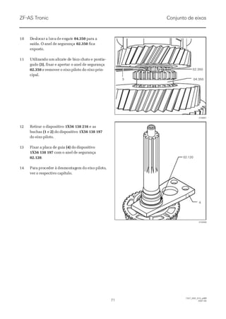 ZF-AS TronicZF-AS Tronic
7171
1327_05D_010_ptBR1327_05D_010_ptBR
2007-052007-05
1010 DDesesloloccarar aa luluvava dede enenggatatee 04.35004.350 para apara a
saída. O anel de segurançasaída. O anel de segurança 02.35002.350 ficafica
exposto.exposto.
1111 UtUtililizizanandodo umum alalicicatate de de be bicico co chahatoto e pe ponontitia-a-
gudogudo (3)(3), fixar e apertar, fixar e apertar o anel de segurançao anel de segurança
02.35002.350 e remover o eixo piloto do eixo prin-e remover o eixo piloto do eixo prin-
cipal.cipal.
1122 RReettiirraar or o ddiissppoossiittiivvoo 1X56 138 2161X56 138 216 e ase as
buchasbuchas (1(1 ee 2)2) do dispositivodo dispositivo 1X56 138 1971X56 138 197
do eixo piloto.do eixo piloto.
1133 FFiixxaarr aa ppllaaccaa ddee gguuiiaa (4)(4) do dispositivodo dispositivo
1X56 138 1971X56 138 197 com o anel de segurançacom o anel de segurança
02.12002.120..
1414 PaParara proprocecededer àr à dedesmsmonontagtagemem dodo eieixoxo pipilolototo,,
ver o respectivo capítulo.ver o respectivo capítulo.
02.35002.350
04.35004.35033
016667016667
02.12002.120
44
016448016448
Conjunto de eixosConjunto de eixos
 