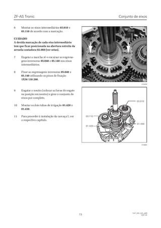 ZF-AS TronicZF-AS Tronic
7373
1327_05D_020_ptBR1327_05D_020_ptBR
2007-052007-05
66 MMoonntatarr oos es eiixxoos is inntteermrmeeddiiááririooss 03.01003.010 ee
03.11003.110 de acordo com a marcação.de acordo com a marcação.
CUIDADOCUIDADO
 A devida A devida marcação demarcação de cada eixocada eixo intermediáriointermediário
tem que ficar posicionada na abertura estreita datem que ficar posicionada na abertura estreita da
arruela contadora 02.060 (ver setas).arruela contadora 02.060 (ver setas).
77 EEngngatatarar a ma mararchcha ra ré eé e enencacaixixarar asas enengrgrenena-a-
gens inversorasgens inversoras 05.04005.040 ee 05.14005.140 nos eixosnos eixos
intermediários.intermediários.
88 FFiixxaar ar as es enngrgreennaaggeenns is innvveerrssoorraass 05.04005.040 ee
05.14005.140 utilizando os pinos de fixaçãoutilizando os pinos de fixação
1X56 138 2081X56 138 208..
99 EnEngagatatarr oo neneututroro (c(cololococarar asas luluvavass dede enengagatete
na posição em neutro) e girar o conjunto dena posição em neutro) e girar o conjunto de
eixos por completo.eixos por completo.
1010 MoMontntarar osos dodoisis tutubobos ds de ie irrirrigagaçãçãoo 01.42001.420 ee
01.43001.430..
1111 PaParara prprococedederer à ià insnstatalalaçãção do da ca cararcacaçaça I,I, veverr
o respectivo capítulo.o respectivo capítulo.
03.01003.010
01.43001.430
01.42001.420
03.11003.110
016449016449
016665016665
Conjunto de eixosConjunto de eixos
 
