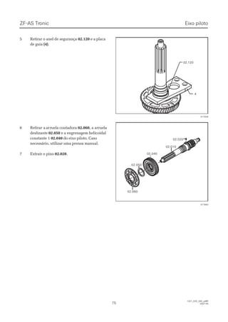 55 RReettiirraarr oo aanneell ddee sseegguurraannççaa 02.12002.120 e a placae a placa
de guiade guia (4)(4)..
66 RReettiirraar ar a aarrrruueellaa ccoonnttaaddoorraa 02.06002.060, a arruela, a arruela
deslizantedeslizante 02.05002.050 e a engrenagem helicoidale a engrenagem helicoidal
constante 1constante 1 02.04002.040 do eixo piloto. Casodo eixo piloto. Caso
necessário, utilizar uma prensa manual.necessário, utilizar uma prensa manual.
77 EExxttrraaiirr oo ppiinnoo 02.02002.020..
02.12002.120
44
017926017926
02.06002.060
02.05002.050
02.04002.040
02.01002.010
02.02002.020
017893017893
ZF-ASZF-AS TrTroniconic
7575
  1327_02D_040_ptBR  1327_02D_040_ptBR
2007-052007-05
Eixo pilotoEixo piloto
 