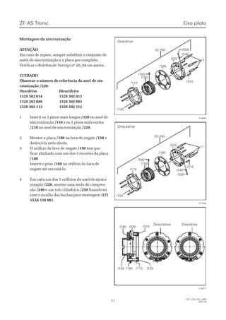 Montagem da sincronizaçãoMontagem da sincronização
 A ATENÇÃOTENÇÃO
Em caso de reparo, sempre substituir o conjunto deEm caso de reparo, sempre substituir o conjunto de
anéis de sincronização e a placa por completo.anéis de sincronização e a placa por completo.
VVerificar o Boletim deerificar o Boletim de Serviço nº 20_04 em anexo.Serviço nº 20_04 em anexo.
CUIDADOCUIDADO
Observar o número de referência do anelObservar o número de referência do anel de sin-de sin-
cronização /220:cronização /220:
OOvveerrddrriivvee DDiirreeccttddrriivvee
11332288 330022 001144 11332288 330022 001133
11332288 330022 008866 11332288 330022 008855
11332288 330022 111133 11332288 330022 111122
11 IInnsseeririrr ooss 33 ppiinnooss mmaaiiss lloonnggooss /120/120 no anel deno anel de
sincronizaçãosincronização /110/110 e os 3 pinos mais curtose os 3 pinos mais curtos
/210/210 no anel de sincronizaçãono anel de sincronização /220/220..
22 MMoonnttaarr aa ppllaaccaa /180/180 na luva de engatena luva de engate /150/150 ee
deslocá-la meio dente.deslocá-la meio dente.
33 OO oorriiffíícciioo ddaa lluuvvaa dde ee ennggaattee /150/150 tem quetem que
ficar alinhado com um dos 3 recortes da placaficar alinhado com um dos 3 recortes da placa
/180/180..
Inserir o pinoInserir o pino /160/160 no orifício da luva deno orifício da luva de
engate até encostá-lo.engate até encostá-lo.
44 EmEm cacadada umum dodoss 33 ororififícícioioss dodo ananelel dede sisincncroro--
nizaçãonização /220/220, montar uma mola de compres-, montar uma mola de compres-
sãosão /240/240 e um rolo cilíndricoe um rolo cilíndrico /250/250 fixando-osfixando-os
com o auxílio das buchas para montagemcom o auxílio das buchas para montagem (17)(17)
1X56 138 0811X56 138 081..
02.20002.200
/110/110
/220/220
/240/240
/250/250
/180/180
/150/150
/160/160
/120/120
/210/210
1717
016691016691
02.20002.200
/110/110
/220/220
/250/250
/240/240
/180/180
/150/150
/160/160
/120/120
/210/210
1717
017892017892
/160/160
/150/150   /120  /120/110/110/180/180
/220/220   /210  /210
018217018217
ZF-ASZF-AS TrTroniconic
7777
  1327_02D_070_ptBR  1327_02D_070_ptBR
2007-052007-05
OverdriveOverdrive
DirectdriveDirectdrive
Eixo pilotoEixo piloto
Directdrive OverdriveDirectdrive Overdrive
 