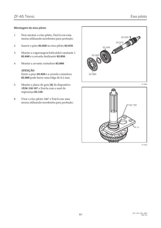 Montagem do eixo pilotoMontagem do eixo piloto
11 PParara ma monontatar or o eieixxo po pililootto,o, fifixxá-á-lolo emem umumaa
morsa utilizando mordentes paramorsa utilizando mordentes para proteção.proteção.
22 IInnsseerriirr oo ppiinnoo 02.02002.020 no eixo pilotono eixo piloto 02.01002.010..
33 MoMontntarar aa enengrgrenenagagemem hehelilicocoididalal coconsnstatantntee 11
02.04002.040 e a arruela deslizantee a arruela deslizante 02.05002.050..
44 MMoonnttaarr aa aarrrurueellaa ccoonnttaaddoorraa 02.06002.060..
 A ATENÇÃOTENÇÃO
Entre o pinoEntre o pino 02.02002.020 e a arruela contadorae a arruela contadora
02.06002.060 pode haver uma folga de 0,3 mm.pode haver uma folga de 0,3 mm.
55 MMoonnttaarr aa ppllaaccaa ddee gguuiiaa (4)(4) do dispositivodo dispositivo
1X56 138 1971X56 138 197 e fixá-la com o anel dee fixá-la com o anel de
segurançasegurança 02.12002.120..
66 ViVirarar or o eieixxo po piilolototo 11880°0° e fe fixixá-á-lolo eem um ummaa
morsa utilizando mordentes paramorsa utilizando mordentes para proteção.proteção.
02.06002.060
02.05002.050
02.04002.040
02.01002.010
02.02002.020
017893017893
02.12002.120
44
017926017926
ZF-ASZF-AS TrTroniconic
8080
  1327_02D_050_ptBR  1327_02D_050_ptBR
2007-052007-05
Eixo pilotoEixo piloto
 