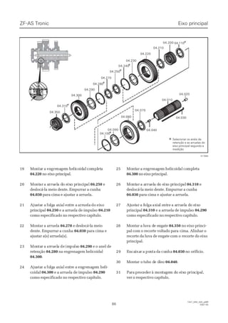 1919 MoMontantarr aa enengregrenanagegemm hehelilicocoididalal cocomplmpletetaa
04.22004.220 no eixo principal.no eixo principal.
2020 MoMontntarar a aa arrurruelela da do eo eixixo po pririncncipipalal 04.25004.250 ee
deslocá-la meio dente. Empurrar a cunhadeslocá-la meio dente. Empurrar a cunha
04.03004.030 para cima e ajustar a arruela.para cima e ajustar a arruela.
2121 AjuAjustastar ar a fofolglga aa axixialal enentrtre ae a arrarrueuelala dodo eieixoxo
principalprincipal 04.25004.250 e a arruela de impulsoe a arruela de impulso 04.21004.210
como especificado no respectivo capítulo.como especificado no respectivo capítulo.
2222 MMoonnttaarr aa aarrrruueellaa 04.27004.270 e deslocá-la meioe deslocá-la meio
dente. Empurrar a cunhadente. Empurrar a cunha 04.03004.030 para cima epara cima e
ajustar a(s) arruela(s).ajustar a(s) arruela(s).
2323 MoMonntatarr aa ararruruelelaa dede imimpupulslsoo 04.29004.290 e o anel dee o anel de
retençãoretenção 04.28004.280 na engrenagem helicoidalna engrenagem helicoidal
04.30004.300..
2424 AjuAjustastar ar a fofolglga aa axixialal enentrtre ae a enengregrenanagegem hem helili--
coidalcoidal 04.30004.300 e a arruela de impulsoe a arruela de impulso 04.29004.290
como especificado no respectivo capítulo.como especificado no respectivo capítulo.
2525 MoMontntarar aa enengregrenanagegemm hehelilicocoididalal cocompmpleletata
04.30004.300 no eixo principal.no eixo principal.
2626 MoMontntarar a aa arrurruelela da do eo eixixo po pririncncipipalal 04.31004.310 ee
deslocá-la meio dente. Empurrar a cunhadeslocá-la meio dente. Empurrar a cunha
04.03004.030 para cima e ajustar a arruela.para cima e ajustar a arruela.
2727 AjAjustustarar a fa fololgaga axaxiaial el entntrere a aa arrurruelela da do eo eixixoo
principalprincipal 04.31004.310 e a arruela de impulsoe a arruela de impulso 04.29004.290
como especificado no respectivo capítulo.como especificado no respectivo capítulo.
2288 MMoonnttaarr aa lluuvva da de ee ennggaattee 04.35004.350 no eixo princi-no eixo princi-
pal com o recorte voltado parapal com o recorte voltado para cima. Alinhar ocima. Alinhar o
recorte da luva de engate com orecorte da luva de engate com o recorte do eixorecorte do eixo
principal.principal.
2929 EEnncacaiixaxarr aa poponntata ddaa cucunnhaha 04.03004.030 no orifício.no orifício.
3300 MMoonnttaar or o ttuubbo do de óe ólleeoo 04.04004.040..
3131 PaParara prprococedederer à mà monontatagegem dm do eo eixixo po prinrincicipapal,l,
ver o respectivo capítulo.ver o respectivo capítulo.
Eixo principalEixo principalZF-ASZF-AS TrTroniconic
8686
1327_04D_020_ptBR1327_04D_020_ptBR
2007-052007-05
04.10004.100
04.20004.200
04.22004.220
04.21004.210
04.25004.250
04.27004.270
04.23004.230
04.24004.240
04.29004.290
04.28004.280
04.01004.010
04.02004.020
04.03004.030
04.07004.070
04.08004.080
04.09004.090
04.31004.310
04.30004.300
04.35004.350
04.11004.110
04.04004.040
017890017890
Selecionar os anéis deSelecionar os anéis de
retenção e as arruelas doretenção e as arruelas do
eixo principal segundo aeixo principal segundo a
mediçãomedição
 