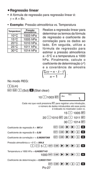 Po-27
uRegressão linear
• A fórmula de regressão para regressão linear é:
y = A + Bx.
• Exemplo: Pressão atmosférica vs. Temperatura
Realize a regressão linear para
determinar os termos da fórmula
de regressão e coeficiente de
correlação para os dados ao
lado. Em seguida, utilize a
fórmula de regressão para
estimar a pressão atmosférica
a –5°C e a temperatura a 1000
hPa. Finalmente, calcule o
coeficiente de determinação (r2
)
e a covariância de amostra
.
No modo REG:
1(Lin)
A B 1(Scl) =(Stat clear)
10 P1003 S
Cada vez que você pressiona S para registrar uma introdução,
o número de dados introduzidos até esse ponto
é indicado no mostrador (valor n).
15 P 1005 S
20 P1010 S 25 P 1011 S
30 P 1014 S
Coeficiente de regressão A = 997,4 A X r r 1 =
Coeficiente de regressão B = 0,56 A X r r 2 =
Coeficiente de correlação r = 0,982607368 A X r r 3 =
Pressão atmosférica a 5°C = 994,6
E D 5 F A X r r r 2 =
Temperatura a 1000 hPa = 4,642857143
1000 A X r r r 1 =
Coeficiente de determinação = 0,965517241
A X r r 3 K =
Temperatura Pressão
atmosférica
10°C 1003 hPa
15°C 1005 hPa
20°C 1010 hPa
25°C 1011 hPa
30°C 1014 hPa
1.
n=
REG
 