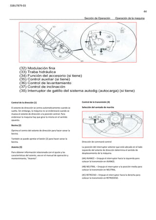SSBU7879-03
44
Sección de Operación Operación de la maquina
Control de la dirección (1)
El volante de dirección se centra automáticamente cuando se
suelta. Sin embargo, la máquina no se enderezará cuando se
mueva el volante de dirección a la posición central. Para
enderezar la maquina hay que girar la misma en el sentido
opuesto.
Bocina (2)
Oprima el centro del volante de dirección para hacer sonar la
bocina.
También se puede apretar el botón (2) para hacer sonar la
bocina.
Asiento (3)
Para obtener información relacionada con el ajuste y las
características del asiento, vea en el manual de operación y
mantenimiento, “Asiento”.
Control de la transmisión (4)
Selección del sentado de marcha
Dirección de command control
La posición del interruptor selector que está ubicado en el lado
izquierdo del volante de dirección determina el sentido de
desplazamiento de la máquina.
(4A) AVANCE – Empuje el interruptor hacia la izquierda para
colocar la transmisión en AVANCE.
(4B) NEUTRAL – Empuje el interruptor a la posición media para
colocar la transmisión en NEUTRAL.
(4C) RETRCESO – Empuje el interruptor hacia la derecha para
colocar la transmisión en RETROCESO.
 