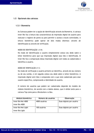 Apresentação
Manual de Instruções Catracas Inner e Coletor Urna - Rev 10 - 19/12/2016 PG - 13 -
1.5 Opcionais das catracas
1.5.1 Biometria
As Catracas podem ter a opção de identificação através da Biometria. A catraca
Inner Bio faz a leitura das características da impressão digital do usuário para
executar o registro de ponto ou para permitir o acesso a locais controlados. A
leitura biométrica pode operar de dois modos distintos: através de
identificação ou através de verificação.
MODO DE IDENTIFICAÇÃO (1:N)
No modo de identificação o usuário simplesmente coloca seu dedo sobre o
leitor biométrico para que sua impressão digital seja lida e identificada. O
Inner Bio faz a comparação dessa impressão digital com todas as cadastradas e
identifica o usuário.
MODO DE VERIFICAÇÃO (1:1)
No modo de verificação o usuário primeiro se identifica, através de seu número
ou de seu cartão, e em seguida coloca seu dedo sobre o leitor biométrico. A
impressão digital será lida e comparada com a que está cadastrada para esse
usuário específico, comprovando a identidade do usuário.
O número de usuários que podem ser cadastrados depende do modelo do
módulo biométrico, de acordo com a tabela abaixo, que é válida tanto para a
catraca Top como para a Revolution e a Box.
Módulo biométrico Número de usuários Observação
Inner Bio Net 4000
Inner Bio 4000
4000 usuários Duas digitais por usuário
Inner Bio Net Light
Inner Bio Light
100 usuários Duas digitais por usuário
 