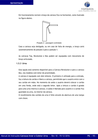 Apresentação
Manual de Instruções Catracas Inner e Coletor Urna - Rev 10 - 19/12/2016 PG - 15 -
Em funcionamento normal o braço da catraca fica na horizontal, como ilustrado
na figura abaixo.
Posição 2 – passagem controlada
Caso a catraca seja desligada, ou em caso de falta de energia, o braço cairá
automaticamente da posição 2 para a posição 1.
As catracas Top, Revolution e Box podem ser equipadas com mecanismo de
braço articulado.
1.5.3 Urna
Esta opção está somente disponível para a Catraca Revolution e para a catraca
Box, nos modelos com leitor de proximidade.
A catraca é equipada com dois leitores. O primeiro é utilizado para a entrada,
faz a leitura do cartão e libera a catraca, permitindo que o usuário entre com o
seu cartão em mãos. No momento da saída o usuário deverá colocar o cartão
em uma fenda, onde está o segundo leitor. Após a leitura o cartão é guiado
para uma urna interna à catraca. A saída é liberada para usuário e o cartão fica
guardado na urna, no interior da catraca.
O recolhimento dos cartões da urna é feito através da abertura de uma tampa
com chave.
 