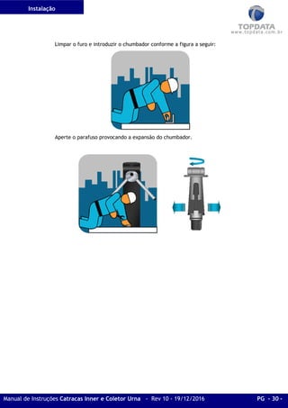 Instalação
Manual de Instruções Catracas Inner e Coletor Urna - Rev 10 - 19/12/2016 PG - 30 -
Limpar o furo e introduzir o chumbador conforme a figura a seguir:
Aperte o parafuso provocando a expansão do chumbador.
 