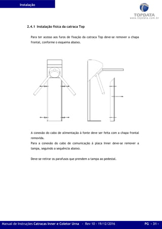 Instalação
Manual de Instruções Catracas Inner e Coletor Urna - Rev 10 - 19/12/2016 PG - 31 -
2.4.1 Instalação física da catraca Top
Para ter acesso aos furos de fixação da catraca Top deve-se remover a chapa
frontal, conforme o esquema abaixo.
A conexão do cabo de alimentação à fonte deve ser feita com a chapa frontal
removida.
Para a conexão do cabo de comunicação à placa Inner deve-se remover a
tampa, seguindo a sequência abaixo.
Deve-se retirar os parafusos que prendem a tampa ao pedestal.
 