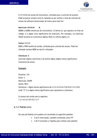 Apêndices
Manual de Instruções Catracas Inner e Coletor Urna - Rev 10 - 19/12/2016 PG - 83 -
0 a 9 (nível de acesso do funcionário, utilizado para o controle de acesso).
Pode-se gravar sempre como 0, optando-se por utilizar a lista de controle de
acesso do software Gerenciador de Inners para esse fim.
Matrícula: M M M M M
00000 a 65000 (matrícula do funcionário). O último M, que aparece no final do
código, é o dígito mais significativo da matrícula. Por exemplo, na matrícula
45632 teremos os 4 primeiros dígitos 5632 e o último dígito o 4.
Senha: S S S S
0000 a 9999 (senha do cartão, utilizada para controle de acesso. Pode ser
utilizado sempre 0000 se não for utilizada).
Checksum: C
soma dos dígitos anteriores e do último dígito (dígito menos significativo
resultante da soma).
Exemplo:
Empresa: 123
Nível: 4
Matrícula: 56789
Senha: 9012
Checksum = dígito menos significativo de (1+2+3+4+5+6+7+8+9+0+1+2+3=57)
onde “7” é o dígito menos significativo que representa o checksum.
O número do cartão será o seguinte:
1 2 3 4 5 6 7 8 9 9 0 1 2 7
6.1.2 Padrão Livre
No caso de Padrão Livre podem ser escolhidos os seguintes padrões:
• 2 de 5 intercalado, também conhecido como ITF
• 3 de 9 (consultar a Topdata para utilizar esse padrão)
 