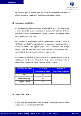 Apêndices
Manual de Instruções Catracas Inner e Coletor Urna - Rev 10 - 19/12/2016 PG - 84 -
Os cartões PL para os modelos Inner Bio 1000 e 4000 devem ter no máximo 10
dígitos. No caso do modelo Inner Bio Light o máximo é de 8 dígitos.
6.2 Leitores de proximidade
Os leitores de proximidade utilizam a tecnologia RFID de 125 KHz para efetuar
a leitura de cartões sem a necessidade de contato. Com este tipo de leitor,
podem ser utilizados da mesma forma cartões, chaveiros e as etiquetas (Label)
para efetuar registros no Inner.
Para leitores de proximidade, deve-se primeiramente apertar a tecla de
“ENTRADA” ou “SAÍDA” e logo após deve-se aproximar o cartão ou digitar o
número do cartão para registrar ponto. Pode-se configurar uma “função
default” para ser registrada sempre que o cartão foi apresentado, sem a
necessidade de se pressionar primeiramente alguma tecla.
Os leitores de proximidade utilizados na linha Inner apresentam duas formas de
codificação: ABA Track2 e Wiegand 26. O que difere os leitores entre os
fabricantes é o número de dígitos, conforme a tabela a seguir:
Fabricante do Cartão ABA Track2
Quantidade de Dígitos
Wiegand 26
Quantidade de Dígitos
HID 8
5
Indala (Motorola) 10
TopProx / Acura 14
6.3 Smart Card / Mifare
O Inner pode ser equipado com leitor smart card sem contato, padrão Mifare,
que funciona na frequência de 13.56 MHz.
 