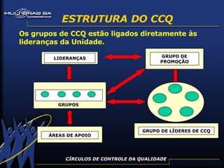 CÍRCULOS DE CONTROLE DA QUALIDADE ESTRUTURA DO CCQ Os grupos de CCQ estão ligados diretamente às lideranças da Unidade. GRUPO DE PROMOÇÃO ÁREAS DE APOIO LIDERANÇAS GRUPO DE LÍDERES DE CCQ GRUPOS 