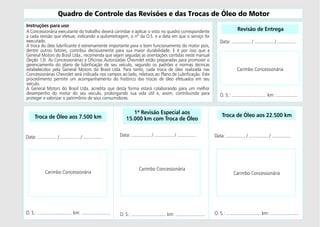 Instruções para uso
A Concessionária executante do trabalho deverá carimbar e aplicar o visto no quadro correspondente
a cada revisão que efetuar, indicando a quilometragem, o nº da O.S. e a data em que o serviço foi
executado.
A troca do óleo lubrificante é extremamente importante para o bom funcionamento do motor pois,
dentre outros fatores, contribui decisivamente para sua maior durabilidade. E é por isso que a
General Motors do Brasil Ltda., recomenda que sejam seguidas as orientações contidas neste manual
(Seção 13). As Concessionárias e Oficinas Autorizadas Chevrolet estão preparadas para promover o
gerenciamento do plano de lubrificação de seu veículo, segundo os padrões e normas técnicas
estabelecidos pela General Motors do Brasil Ltda. Para tanto, cada troca de óleo realizada nas
Concessionárias Chevrolet será indicada nos campos ao lado, relativos ao Plano de Lubrificação. Este
procedimento permite um acompanhamento do histórico das trocas de óleo efetuados em seu
veículo.
A General Motors do Brasil Ltda. acredita que desta forma estará colaborando para um melhor
desempenho do motor do seu veículo, prolongando sua vida útil e, assim, contribuindo para
proteger e valorizar o patrimônio de seus consumidores.
Quadro de Controle das Revisões e das Trocas de Óleo do Motor
1ª Revisão Especial aos
15.000 km com Troca de Óleo
Data: ............... / ............... / ...............
Carimbo Concessionária
O. S.: ........................... km: .......................
Troca de Óleo aos 22.500 km
Data: ............... / ............... / ...............
Carimbo Concessionária
O. S.: ........................... km: .......................
Troca de Óleo aos 7.500 km
Data: ............... / ............... / ...............
Carimbo Concessionária
O. S.: ........................... km: .......................
Revisão de Entrega
Data: ............... / ............... / ...............
Carimbo Concessionária
O. S.: ........................... km: .................
 