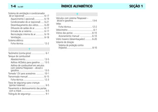 ÍNDICE ALFABÉTICO
1-4 Celta, 08/07 SEÇÃO 1
Sistema de ventilação e condicionador
de ar (opcional) .............................. 6-17
Aquecimento ( opcional)............... 6-19
Condicionador de ar (opcional) ..... 6-21
Desembaçamento dos vidros......... 6-20
Difusores de saídas de ar............... 6-17
Entrada de ar externo ................... 6-17
Recirculação interna do ar............. 6-19
Ventilação..................................... 6-18
Sistema elétrico
Ficha técnica................................. 12-2
Tacômetro (conta-giros) ...................... 6-1
Tanque de combustível
Abastecimento.............................. 13-5
Aditivo ACDelco para gasolina ...... 13-5
Aditivo de combustível em veículos
com sistema Flexpower – álcool e
gasolina........................................ 13-5
Tomada 12V para acessórios ............ 10-1
Transmissão manual.......................... 6-15
Ficha técnica................................. 12-3
Trava de segurança para crianças
(portas traseiras)................................ 6-5
Travamento e destravamento das portas
com a chave...................................... 6-5
Triângulo de segurança ....................... 9-1
Veículos com sistema Flexpower –
álcool e gasolina...............................13-6
Velas
Ficha técnica..................................12-2
Velocímetro.........................................6-1
Vidros das portas ..............................6-10
Acionamento manual ...................6-10
Vidro traseiro (desembaçador) ...........6-20
Volante de direção
Sistema de proteção contra
impactos............................................6-10
T
V
 