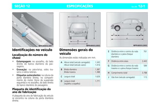 ESPECIFICAÇÕES Celta, 12/06 12-1
SEÇÃO 12
Identificações no veículo
Localização do número do
chassi
• Estampagem: no assoalho, do lado
direito do banco dianteiro do pas-
sageiro.
• Gravação: no pára-brisa, vidro tra-
seiro e vidros laterais.
• Etiquetas autocolantes: na coluna da
porta dianteira direita, no comparti-
mento do motor (torre da suspensão
esquerda) e no assoalho, do lado direito
do banco dianteiro do passageiro.
Plaqueta de identificação do
ano de fabricação
A plaqueta do ano de fabricação do veículo
se encontra na coluna da porta dianteira
direita.
Dimensões gerais do
veículo
As dimensões estão indicadas em mm.
A
A
A
A Altura total (veículo carregado)
Altura total (veículo vazio)
1.345
1.416
B
B
B
B Bitola dianteira
Bitola traseira
1.387
1.388
C
C
C
C Largura total 1.626
D
D
D
D Largura total
(espelho a espelho)
1.771
E
E
E
E Distância entre o centro da roda
dianteira e o pára-choque
dianteiro
761
F
F
F
F Distância entre eixos 2.443
G
G
G
G Distância entre o centro da roda
traseira e o pára-choque traseiro
584
H
H
H
H Comprimento total 3.788
J
J
J
J Vão livre (veículo carregado) 115
 