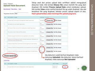 UPLOADDOKUMENHALAL(1)
Tahap awal dari proses upload data sertifikasi adalah mengupload
dokumen halal. Klik tombol Choose File untuk memilih file yang akan
diupload. Klik tombol Process Upload Data untuk melakukan upload.
Klik tombol View untuk melihat kembali file yg sudah diupload. Jika ada
kesalahan file yang diupload, lakukan proses upload seperti di atas.
Hasil upload terbaru akan menimpa file upload yang lama.
24
Jika dokumen sudah berhasil diupload, maka
statusnya Uploaded. Jika dokumen belum berhasil
diupload, maka statusnya Not Uploaded
 