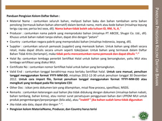 PANDUANPENGISIANKOLOMDAFTARBAHAN
Panduan Pengisian Kolom Daftar Bahan :
• Material Name : cantumkan seluruh bahan, meliputi bahan baku dan bahan tambahan serta bahan
penolong (termasuk bahan-bahan alternatif) dalam bentuk nama, merk atau kode bahan (misalnya tepung
terigu cap xxx; perisa leci xxxx, dll). Nama bahan tidak boleh ada tulisan ID, RM, %, #, ’
• Producer : cantumkan nama pabrik yang memproduksi bahan (misalnya PT ABCDE, Shugoi Co. Ltd., dll).
Khusus untuk bahan nabati tanpa olahan, dapat diisi dengan ”petani”
• Country : cantumkan negara pabrik yang memproduksi bahan (misalnya Indonesia, Jepang, dll).
• Supplier : cantumkan seluruh pemasok (supplier) yang memasok bahan. Untuk bahan yang dibeli secara
retail, maka dapat ditulis secara umum seperti toko/pasar. Untuk bahan yang termasuk dalam Daftar
Bahan Tidak Kritis (terlampir), maka tidak perlu mencantumkan nama pemasok dan dapat ditulis “-”
• Halal By: cantumkan lembaga penerbit Sertifikat Halal untuk bahan yang bersangkutan, yaitu MUI atau
lembaga sertifikasi yang diakui MUI.
• Certificate No : cantumkan nomor Sertifikat halal untuk bahan yang bersangkutan.
• Valid End : cantumkan tanggal berakhirnya masa berlaku Sertifikat halal. Untuk cara manual, penulisan
tanggal menggunakan format YYYY-MM-DD, misalnya 2012-12-30 untuk penulisan tanggal 30 Desember
2012. Untuk cara import file, format penulisan tanggal menggunakan format YYYY-MM-DD atau
mengikuti yang terdapat pada file template CSV.
• Other Doc : isikan jenis dokumen lain yang dilampirkan, misal flow process, spesifikasi, MSDS.
• Remarks : cantumkan keterangan asal bahan jika tidak didukung dengan dokumen (misalnya bahan nabati,
bahan tambang, bahan kimia), atau nomor surat persetujuan penggunaan bahan dari LPPOM MUI untuk
produk pengembangan/perpanjangan (bila ada), atau ”inaktif ” jika bahan sudah lama tidak digunakan
• Jika tidak ada data, dapat diisi dengan ”-”.
• Pengisian kolom MaterialName, Producer, dan Country harus terisi
34
 