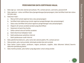 PERSYARATANDATASERTIFIKASIHALAL
PERSYARATAN DATA SERTIFIKASI HALAL
1. Data sign up : nama dan alamat perusahaan, PIC, contact person, username, password dll
2. Data registrasi : status sertifikasi (baru/pengembangan/perpanjangan), data Sertifikat halal dan status
SJH (jika ada).
3. Dokumen halal :
a. Manual SJH (untuk registrasi baru atau perpanjangan)
b. Sertifikat halal sebelumnya (untuk registrasi pengembangan atau perpanjangan)
c. Status atau Sertifikat SJH (untuk registrasi pengembangan atau perpanjangan)
d. Diagram alir proses produksi produk yang disertifikasi
e. Statement of pork free facility
f. Daftar alamat seluruh fasilitas produksi
g. Bukti diseminasi kebijakan halal
h. Bukti pelaksanaan pelatihan internal
i. Bukti pelaksanaan audit internal
4. Data pabrik/manufacturer, yaitu nama dan alamat pabrik, PIC, contact person
5. Data produk, yaitu nama produk, kelompok produk dan jenis produk
6. Data bahan (nama bahan, produsen, negara produsen, supplier, data dokumen bahan) beserta
dokumen pendukung bahan.
7. Data matriks produk, yaitu bahan yang digunakan untuk setiap produk
4
 