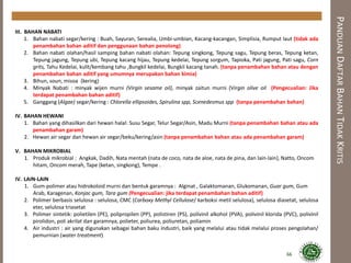 PANDUANDAFTARBAHANTIDAKKRITIS
66
III. BAHAN NABATI
1. Bahan nabati segar/kering : Buah, Sayuran, Serealia, Umbi-umbian, Kacang-kacangan, Simplisia, Rumput laut (tidak ada
penambahan bahan aditif dan penggunaan bahan penolong)
2. Bahan nabati olahan/hasil samping bahan nabati olahan: Tepung singkong, Tepung sagu, Tepung beras, Tepung ketan,
Tepung jagung, Tepung ubi, Tepung kacang hijau, Tepung kedelai, Tepung sorgum, Tapioka, Pati jagung, Pati sagu, Corn
grits, Tahu Kedelai, kulit/kembang tahu ,Bungkil kedelai, Bungkil kacang tanah. (tanpa penambahan bahan atau dengan
penambahan bahan aditif yang umumnya merupakan bahan kimia)
3. Bihun, soun, misoa (kering)
4. Minyak Nabati : minyak wijen murni (Virgin sesame oil), minyak zaitun murni (Virgin olive oil (Pengecualian: Jika
terdapat penambahan bahan aditif)
5. Ganggang (Algae) segar/kering : Chlorella ellipsoides, Spirulina spp, Scenedesmus spp (tanpa penambahan bahan)
IV. BAHAN HEWANI
1. Bahan yang dihasilkan dari hewan halal: Susu Segar, Telur Segar/Asin, Madu Murni (tanpa penambahan bahan atau ada
penambahan garam)
2. Hewan air segar dan hewan air segar/beku/kering/asin (tanpa penambahan bahan atau ada penambahan garam)
V. BAHAN MIKROBIAL
1. Produk mikrobial : Angkak, Dadih, Nata mentah (nata de coco, nata de aloe, nata de pina, dan lain-lain), Natto, Oncom
hitam, Oncom merah, Tape (ketan, singkong), Tempe .
IV. LAIN-LAIN
1. Gum-polimer atau hidrokoloid murni dan bentuk garamnya : Alginat , Galaktomanan, Glukomanan, Guar gum, Gum
Arab, Karagenan, Konjac gum, Tara gum (Pengecualian: jika terdapat penambahan bahan aditif)
2. Polimer berbasis selulosa : selulosa, CMC (Carboxy Methyl Cellulose/ karboksi metil selulosa), selulosa diasetat, selulosa
eter, selulosa triasetat
3. Polimer sintetik: polietilen (PE), polipropilen (PP), polistiren (PS), polivinil alkohol (PVA), polivinil klorida (PVC), polivinil
pirolidon, poli akrilat dan garamnya, polieter, poliurea, poliuretan, poliamin
4. Air industri : air yang digunakan sebagai bahan baku industri, baik yang melalui atau tidak melalui proses pengolahan/
pemurnian (water treatment)
 