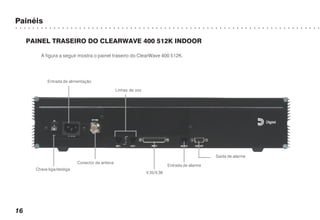 Painéis
○ ○ ○ ○ ○ ○ ○ ○ ○ ○ ○ ○ ○ ○ ○ ○ ○ ○ ○ ○ ○ ○ ○ ○ ○ ○ ○ ○ ○ ○ ○ ○ ○ ○ ○ ○ ○ ○ ○ ○ ○ ○ ○ ○ ○ ○ ○ ○ ○ ○ ○ ○ ○ ○ ○ ○ ○ ○ ○ ○ ○ ○ ○ ○ ○ ○ ○ ○ ○ ○ ○ ○
16
PAINEL TRASEIRO DO CLEARWAVE 400 512K INDOOR
A figura a seguir mostra o painel traseiro do ClearWave 400 512K.
Entrada de alimentação
Chave liga/desliga
Conector de antena
Linhas de voz
V.35/V.36
Entrada de alarme
Saída de alarme
 