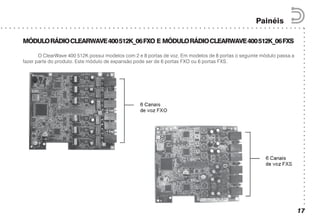 ○○○○○○○○○○○○○○○○○○○○○○○○○○○○○○○○○○○○○○○○○○
○ ○ ○ ○ ○ ○ ○ ○ ○ ○ ○ ○ ○ ○ ○ ○ ○ ○ ○ ○ ○ ○ ○ ○ ○ ○ ○ ○ ○ ○ ○ ○ ○ ○ ○ ○ ○ ○ ○ ○ ○ ○ ○ ○ ○ ○ ○ ○ ○ ○ ○ ○ ○ ○ ○ ○ ○ ○ ○ ○ ○ ○ ○ ○ ○ ○ ○ ○ ○ ○ ○
Painéis
17
MÓDULORÁDIOCLEARWAVE400512K_06FXO E MÓDULORÁDIOCLEARWAVE400512K_06FXS
O ClearWave 400 512K possui modelos com 2 e 8 portas de voz. Em modelos de 8 portas o seguinte módulo passa a
fazer parte do produto. Este módulo de expansão pode ser de 6 portas FXO ou 6 portas FXS.
 