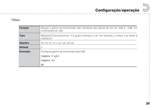 ○○○○○○○○○○○○○○○○○○○○○○○○○○○○○○○○○○○○○○○○○○
○ ○ ○ ○ ○ ○ ○ ○ ○ ○ ○ ○ ○ ○ ○ ○ ○ ○ ○ ○ ○ ○ ○ ○ ○ ○ ○ ○ ○ ○ ○ ○ ○ ○ ○ ○ ○ ○ ○ ○ ○ ○ ○ ○ ○ ○ ○ ○ ○ ○ ○ ○ ○ ○ ○ ○ ○ ○ ○ ○ ○ ○ ○ ○ ○ ○ ○ ○ ○ ○ ○
Configuração/operação
39
TXGain
Função Regula o ganho de transmissão das interfaces das placas de voz de -4dB a +4dB, em
incrementos de 1dB.
Tipo Múltiplo[Y] Escrita/Leitura. Y é igual à interface (1-8). Por exemplo, o índice 2 se refere à
interface 2.
Opções n4, n3, n2, n1, z, p1, p2, p3, p4
Default z
Exemplo Configura ganho de tranmissão para 2dB:
txgain 2 p2↵↵↵↵↵
txgain 2↵↵↵↵↵
p2
 