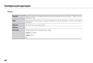 Configuração/operação
○ ○ ○ ○ ○ ○ ○ ○ ○ ○ ○ ○ ○ ○ ○ ○ ○ ○ ○ ○ ○ ○ ○ ○ ○ ○ ○ ○ ○ ○ ○ ○ ○ ○ ○ ○ ○ ○ ○ ○ ○ ○ ○ ○ ○ ○ ○ ○ ○ ○ ○ ○ ○ ○ ○ ○ ○ ○ ○ ○ ○ ○ ○ ○ ○ ○ ○ ○ ○ ○ ○ ○
40
RXGain
Função Regula o ganho de recepção das interfaces das placas de voz de -4dB a +4dB, em incre-
mentos de 1dB.
Tipo Múltiplo[Y] Escrita/Leitura. Y é igual à interface (1-8). Por exemplo, o índice 2 se refere à
interface 2.
Opções n4, n3, n2, n1, z, p1, p2, p3, p4
Default z
Exemplo Configura ganho de recepção para -3dB:
rxgain 2 n3↵↵↵↵↵
rxgain 2↵↵↵↵↵
n3
 