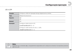 ○○○○○○○○○○○○○○○○○○○○○○○○○○○○○○○○○○○○○○○○○○
○ ○ ○ ○ ○ ○ ○ ○ ○ ○ ○ ○ ○ ○ ○ ○ ○ ○ ○ ○ ○ ○ ○ ○ ○ ○ ○ ○ ○ ○ ○ ○ ○ ○ ○ ○ ○ ○ ○ ○ ○ ○ ○ ○ ○ ○ ○ ○ ○ ○ ○ ○ ○ ○ ○ ○ ○ ○ ○ ○ ○ ○ ○ ○ ○ ○ ○ ○ ○ ○ ○
Configuração/operação
43
LDL e LDR
Função Configura o rádio em operação de laço digital local ou remoto.
Tipo Múltiplo Escrita/Leitura
Opções Off
On
Default Off
Exemplo Configura o rádio local em LDL:
Loc@ClearWave]#ldl on
Configura o rádio remoto em LDL (= LDR):
[Rem@ClearWave]#ldl on
Nota:
Digitando-se o comando ldl, o equipamento responderá com o status do comando. As respostas possíveis
são on ou off.
 