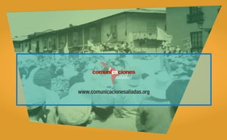 on
yc

Per
iod
is

es

vestigación
e in
od
m

socioamb
ictos
ien

ta
l

MANUAL

COBERTURA PERIODÍSTICA
www.comunicacionesaliadas.org

OT. 12523 / Comunicaciones Aliadas-Manual Cobertura Periodística / Lomo POR CONFIRMASR: 0.4 cm. 50 pp. - papel bond 75 gr. / Medida: 39.4 x 12.0 cm. / cos fr. / JB

DE CONFLICTOS SOCIOAMBIENTALES
Un enfoque desde la gestión y transformación de conflictos

CYAN MAGENTA AMARILLO NEGRO

 