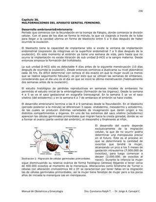 236
Manual de Obstetricia y Ginecología Dra. Constanza Ralph T. - Dr. Jorge A. Carvajal C.
Capítulo 36.
MALFORMACIONES DEL APARATO GENITAL FEMENINO.
Desarrollo embrionarioEmbrionario
Período que comienza con la fecundación en la trompa de Falopio, donde comienza la división
celular. Con el paso de los días se forma la mórula, la que va viajando a través de la tuba
para llegar a la cavidad uterina en forma de blastocito entre 5 a 9 días después de haber
ocurrido la ovulación.
El blastocito tiene la capacidad de implantarse sólo si existe la ventana de implantación
endometrial (expresión de integrinas en la superficie endometrial 7 a 9 días después de la
ovulación). En este momento el embrión ya tiene una semana de vida, pero hasta que no
ocurra la implantación no existe libración de sub unidad β-HCG a la sangre materna. Desde
entonces empieza la formación del trofoblasto.
La sub unidad β-HCG sólo es detectable 4 días antes de la siguiente menstruación (10 días
después de ocurrida la ovulación). Desde entonces comienza a duplicarse su nivel plasmático
cada 36 hrs. Es difícil determinar con certeza el día exacto en que la mujer ovuló (a menos
que se realice seguimiento folicular); es por esto que se utilizan las semanas de embarazo,
considerando que el día uno es el día en que se inició la última menstruación (habitualmente
dos semanas antes de la ovulación).
El estudio histológico de pérdidas reproductivas en semanas iniciales de embarazo ha
permitido el estudio inicial de la embriogénesis (formación de los órganos). Desde la semana
4 a 5 se ve el saco gestacional en ecografía transvaginal. En la semana 5 se ve el saco
vitelino (del ectodermo) y en la semana 6 a 7 de embarazo el embrión se hace visible.
El desarrollo embrionario termina a las 8 a 9 semanas desde la fecundación. En el blastocito
(periodo posterior a la mórula) se diferencian 3 capas: endodermo, mesodermo y ectodermo,
de las cuales se producen distintas variedades de invaginación que darán origen a los
distintos compartimentos y órganos. En uno de los extremos del saco vitelino (ectodermo)
aparecen las células germinales primordiales que migran hacia la cresta gonadal, donde se va
a formar el ovario (parte ventral del embrión), el mesonefro y finalmente al riñón.
El desarrollo del ovario depende
exclusivamente de la migración
celular, la que de no ocurrir podría
determinar una menopausia precoz
en el futuro. Éste es el proceso en
que se determinará la cantidad de
ovocitos que tendrá la mujer,
alcanzando un pico a los 5 meses de
gestación intrauterina (7.000.000 de
ovocitos), para luego comenzar a
decaer (2.000.000. de ovocitos al
nacer). Durante la infancia la mujer
sigue disminuyendo su reserva ovárica de forma fisiológica (atresia) llegando a tener cerca
de 400.000 ovocitos al momento de la menarquía. Alteraciones como Síndrome de Turner o
células con alteración cromosómica X0 o XY se caracterizan por tener fallas en la migración
las de células germinales primordiales; así la mujer tiene fenotipo de mujer pero a los pocos
años de iniciada la menarquia cae en menopausia.
 