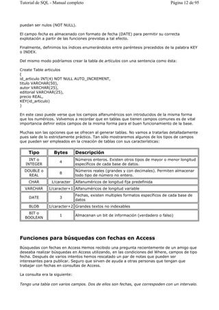 puedan ser nulos (NOT NULL).
El campo fecha es almacenado con formato de fecha (DATE) para permitir su correcta
explotación a partir de las funciones previstas a tal efecto.
Finalmente, definimos los índices enumerándolos entre paréntesis precedidos de la palabra KEY
o INDEX.
Del mismo modo podríamos crear la tabla de artículos con una sentencia como ésta:
Create Table articulos
(
id_articulo INT(4) NOT NULL AUTO_INCREMENT,
titulo VARCHAR(50),
autor VARCHAR(25),
editorial VARCHAR(25),
precio REAL,
KEY(id_articulo)
)
En este caso puede verse que los campos alfanuméricos son introducidos de la misma forma
que los numéricos. Volvemos a recordar que en tablas que tienen campos comunes es de vital
importancia definir estos campos de la misma forma para el buen funcionamiento de la base.
Muchas son las opciones que se ofrecen al generar tablas. No vamos a tratarlas detalladamente
pues sale de lo estrictamente práctico. Tan sólo mostraremos algunos de los tipos de campos
que pueden ser empleados en la creación de tablas con sus características:
Funciones para búsquedas con fechas en Access
Búsquedas con fechas en Access Hemos recibido una pregunta recientemente de un amigo que
deseaba realizar búsquedas en Access utilizando, en las condiciones del Where, campos de tipo
fecha. Después de varios intentos hemos rescatado un par de notas que pueden ser
interesantes para publicar. Seguro que sirven de ayuda a otras personas que tengan que
trabajar con fechas en consultas de Access.
La consulta era la siguiente:
Tengo una tabla con varios campos. Dos de ellos son fechas, que correspoden con un intervalo.
Tipo Bytes Descripción
INT o
INTEGER
4
Números enteros. Existen otros tipos de mayor o menor longitud
específicos de cada base de datos.
DOUBLE o
REAL
8
Números reales (grandes y con decimales). Permiten almacenar
todo tipo de número no entero.
CHAR 1/caracter Alfanuméricos de longitud fija predefinida
VARCHAR 1/caracter+1 Alfanuméricos de longitud variable
DATE 3
Fechas, existen multiples formatos específicos de cada base de
datos
BLOB 1/caracter+2 Grandes textos no indexables
BIT o
BOOLEAN
1 Almacenan un bit de información (verdadero o falso)
Página 12 de 95Tutorial de SQL - Manual completo
 