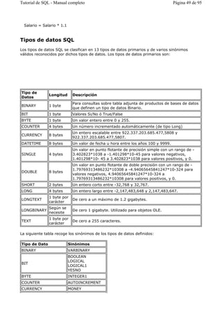 Salario = Salario * 1.1
Tipos de datos SQL
Los tipos de datos SQL se clasifican en 13 tipos de datos primarios y de varios sinónimos
válidos reconocidos por dichos tipos de datos. Los tipos de datos primarios son:
La siguiente tabla recoge los sinónimos de los tipos de datos definidos:
Tipo de
Datos
Longitud Descripción
BINARY 1 byte
Para consultas sobre tabla adjunta de productos de bases de datos
que definen un tipo de datos Binario.
BIT 1 byte Valores Si/No ó True/False
BYTE 1 byte Un valor entero entre 0 y 255.
COUNTER 4 bytes Un número incrementado automáticamente (de tipo Long)
CURRENCY 8 bytes
Un entero escalable entre 922.337.203.685.477,5808 y
922.337.203.685.477,5807.
DATETIME 8 bytes Un valor de fecha u hora entre los años 100 y 9999.
SINGLE 4 bytes
Un valor en punto flotante de precisión simple con un rango de -
3.402823*1038 a -1.401298*10-45 para valores negativos,
1.401298*10- 45 a 3.402823*1038 para valores positivos, y 0.
DOUBLE 8 bytes
Un valor en punto flotante de doble precisión con un rango de -
1.79769313486232*10308 a -4.94065645841247*10-324 para
valores negativos, 4.94065645841247*10-324 a
1.79769313486232*10308 para valores positivos, y 0.
SHORT 2 bytes Un entero corto entre -32,768 y 32,767.
LONG 4 bytes Un entero largo entre -2,147,483,648 y 2,147,483,647.
LONGTEXT
1 byte por
carácter
De cero a un máximo de 1.2 gigabytes.
LONGBINARY
Según se
necesite
De cero 1 gigabyte. Utilizado para objetos OLE.
TEXT
1 byte por
carácter
De cero a 255 caracteres.
Tipo de Dato Sinónimos
BINARY VARBINARY
BIT
BOOLEAN
LOGICAL
LOGICAL1
YESNO
BYTE INTEGER1
COUNTER AUTOINCREMENT
CURRENCY MONEY
Página 49 de 95Tutorial de SQL - Manual completo
 