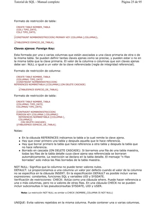 Formato de restricción de tabla:
CREATE TABLE NOMBER_TABLA
(COL1 TIPO_DATO,
COL2 TIPO_DATO,
…
[CONSTRAINT NOMBRERESTRICCION] PRIMARY KEY (COLUMNA [,COLUMNA]),
…
)[TABLESPACE ESPACIO_DE_TABLA];
Claves ajenas: Foreign Key:
Esta formada por una o varias columnas que están asociadas a una clave primaria de otra o de
la misma tabla. Se pueden definir tantas claves ajenas como se precise, y pueden estar o no en
la misma tabla que la clave primaria. El valor de la columna o columnas que son claves ajenas
debe ser: NULL o igual a un valor de la clave referenciada (regla de integridad referencial).
Formato de restricción de columna:
CREATE TABLE NOMBRE_TABLA
(COLUMNA1 TIPO_DATO
[CONSTRAINT NOMBRERESTRICCION]
REFERENCES NOMBRETABLA [(COLUMNA)] [ON DELETE CASCADE]
…
)[TABLESPACE ESPECIO_DE_TABLA];
Formato de restricción de tabla:
CREATE TABLE NOMBRE_TABLA
(COLUMNA1 TIPO_DATO,
COLUMNA2 TIPO_DATO,
…
[CONTRAINT NOMBRERESTRICCION]
FOREIGN KEY (COLUMNA [,COLUMNA])
REFERENCES NOMBRETABLA [(COLUMNA [,
COLUMNA])]
[ON DELETE CASCADE],
)[TABLESPACE ESPACIO_DE_TABLA];
Notas:
En la cláusula REFERENCES indicamos la tabla a la cual remite la clave ajena.
Hay que crear primero una tabla y después aquella que le hace referencia.
Hay que borrar primero la tabla que hace referencia a otra tabla y después la tabla que
no hace referencia.
Borrado en cascada (ON DELETE CASCADE): Si borramos una fila de una tabla maestra,
todas las filas de la tabla detalle cuya clave ajena sea referenciada se borraran
automáticamente. La restricción se declara en la tabla detalle. El mensaje "n filas
borradas" solo indica las filas borradas de la tabla maestra.
NOT NULL: Significa que la columna no puede tener valores nulos.
DEFAULT: Le proporcionamos a una columna un valor por defecto cuando el valor de la columna
no se especifica en la cláusula INSERT. En la especificación DEFAULT es posible incluir varias
expresiones: constantes, funciones SQL y variables UID y SYSDATE.
Verificación de restricciones: CHECK: Actúa como una cláusula where. Puede hacer referencia a
una o más columnas, pero no a valores de otras filas. En una cláusula CHECK no se pueden
incluir subconsultas ni las pseudoconsultas SYSDATE, UID y USER.
UNIQUE: Evita valores repetidos en la misma columna. Puede contener una o varias columnas.
Nota: La restricción NOT NULL es similar a CHECK (NOMBRE_COLUMNA IS NOT NULL)
Página 25 de 95Tutorial de SQL - Manual completo
 