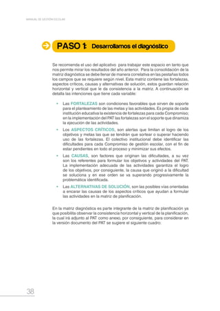 38
MANUAL DE GESTIÓN ESCOLAR
Se recomienda el uso del aplicativo para trabajar este espacio en tanto que
nos permite mirar los resultados del año anterior. Para la consolidación de la
matriz diagnóstica se debe llenar de manera correlativa en las pestañas todos
los campos que se requiere según nivel. Esta matriz contiene las fortalezas,
aspectos críticos, causas y alternativas de solución, estos guardan relación
horizontal y vertical que le da consistencia a la matriz. A continuación se
detalla las intenciones que tiene cada variable:
•	Las FORTALEZAS son condiciones favorables que sirven de soporte
para el planteamiento de las metas y las actividades. Es propia de cada
institución educativa la existencia de fortalezas para cada Compromiso;
en la implementación del PAT las fortalezas son el soporte que dinamiza
la ejecución de las actividades.
•	Los ASPECTOS CRÍTICOS, son alertas que limitan el logro de los
objetivos y metas las que se tendrán que sortear o superar haciendo
uso de las fortalezas. El colectivo institucional debe identificar las
dificultades para cada Compromiso de gestión escolar, con el fin de
estar pendientes en todo el proceso y minimizar sus efectos.
•	Las CAUSAS, son factores que originan las dificultades, a su vez
son los referentes para formular los objetivos y actividades del PAT.
La implementación adecuada de las actividades garantiza el logro
de los objetivos, por consiguiente, la causa que originó a la dificultad
se soluciona y en ese orden se va superando progresivamente la
problemática identificada.
•	Las ALTERNATIVAS DE SOLUCIÓN, son las posibles vías orientadas
a encarar las causas de los aspectos críticos que ayudan a formular
las actividades en la matriz de planificación.
En la matriz diagnóstica es parte integrante de la matriz de planificación ya
que posibilita observar la consistencia horizontal y vertical de la planificación,
la cual irá adjunto al PAT como anexo, por consiguiente, para considerar en
la versión documento del PAT se sugiere el siguiente cuadro:
PASO 1: Desarrollamos el diagnóstico
 