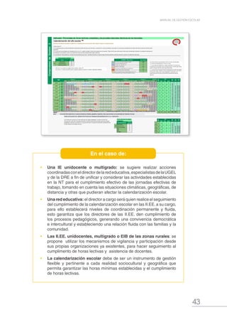 43
MANUAL DE GESTIÓN ESCOLAR
Indicador: Porcentaje de horas lectivas cumplidas y de jornadas laborales efectivas de los docentes.
Calendarización del año escolar ➨
¿Qué hacer?
A * Los días efectivos de aprendizaje escolar incluyen al día del logro.
B Semana de Planificación** **La semana de planificación se inicia en marzo.
C Jornadas de reflexión ***
D Sábados o domingos.
E Vacaciones estudiantiles de medio año.
F Feriados (Elecciones Generales).
G Documentación final y Planificación 2017****
(Ver recomendaciones del "Fascículo de Gestión Escolar")
L Ma Mi J V S D L Ma Mi J V S D L Ma Mi J V S D L Ma Mi J V S D L Ma Mi J V S D L Ma Inicial Prim. Secun.
Fecha 1 2 3 4 5 6 7 8 9 10 11 12 13 14 15 16 17 18 19 20 21 22 23 24 25 26 27 28 29 30 31 0 0 0
Tipo B B B B D D B B B B B D D A A A A A D D A A A F F D D A A A A
Fecha 1 2 3 4 5 6 7 8 9 10 11 12 13 14 15 16 17 18 19 20 21 22 23 24 25 26 27 28 29 30
Tipo A D D A C A A F D D F A A A A D D A A A A A D D A A A A A D
Fecha 1 2 3 4 5 6 7 8 9 10 11 12 13 14 15 16 17 18 19 20 21 22 23 24 25 26 27 28 29 30 31
Tipo D A A A A A D D A A A A A D D A A A A A D D A A A A A D D A A
Fecha 1 2 3 4 5 6 7 8 9 10 11 12 13 14 15 16 17 18 19 20 21 22 23 24 25 26 27 28 29 30
Tipo A A F D D F A A A A D D A A A A A D D A A A A A D D A A F A
Fecha 1 2 3 4 5 6 7 8 9 10 11 12 13 14 15 16 17 18 19 20 21 22 23 24 25 26 27 28 29 30 31
Tipo A D D A A A A A D D A A A A A D D A A A A A D D C E E F F E E
Fecha 1 2 3 4 5 6 7 8 9 10 11 12 13 14 15 16 17 18 19 20 21 22 23 24 25 26 27 28 29 30 31
Tipo E E E E E D D A A A A A D D A A A A A D D A A A A A D D A F A
Fecha 1 2 3 4 5 6 7 8 9 10 11 12 13 14 15 16 17 18 19 20 21 22 23 24 25 26 27 28 29 30
Tipo A A D D A A A A A D D A A A A A D D A A A A A D D A A A A A
Fecha 1 2 3 4 5 6 7 8 9 10 11 12 13 14 15 16 17 18 19 20 21 22 23 24 25 26 27 28 29 30 31
Tipo D D A A A A A F D A A A A A D D A A A A A D D A A A A A D D A
Fecha 1 2 3 4 5 6 7 8 9 10 11 12 13 14 15 16 17 18 19 20 21 22 23 24 25 26 27 28 29 30
Tipo F A A A D D A A A A A D D A A A A A D D A A A A A D D A A A
Fecha 1 2 3 4 5 6 7 8 9 10 11 12 13 14 15 16 17 18 19 20 21 22 23 24 25 26 27 28 29 30 31
Tipo A A D D A A A F A D D A A A A A D D A A A A A D D C G G G G D
184 920 1104 1288 950 900
NOTA: EnlasIIEEEIBsedebetener encuentalassituacionesclimáticas, geográficas, distanciasyotras, paraarmonizar conlasactividadesdel CalendarioComunal.
PARA CALCULAR LAS HORAS EFECTIVAS DE TRABAJO PEDAGÓGICO DE LA I.E. POR NIVEL
Inicial Prim. Secun.
0
18
22 220 0 0
190
0 0
12
19
16
ETP
950horasdetrabajopedagógicoefectivoduranteelañoelectivo
Comomínimoesde900horassegúncorresponda
CicloBásico:mínimo1000horasdeestudio(Módulo).
CicloMedio:mínimo2000horasdeestudio(Módulo).
MarzoAbrilMayoJunioJulio
Horas lectivas mínimas
Horas efectivas de trabajo
pedagógico
N°
días
EBR
EBAEn la tabla para calcular las "Horas efectivas de trabajo pedagógico" escribe el número de
secciones por cada nivel. Este dato permitirá el cálculo exacto de la jornada mínima de trabajo
pedagógico mensual y anual de la I.E. que permita hacer el reporte mensual del cumplimiento de
la labor efectiva del trabajo docente.
184
*** Las Jornadas de Reflexión, se sugiere realizarlas: al conocerse los
resultados de la ECE (abril); antes o después del 1er. día del Logro (julio);
y antes o después del 2do. día de logro (diciembre).
**** Esta semana está prevista para la preparación de la documentación
final del año escolar. Además, se inicia la planificación 2017, que implica
la evaluación (balance) de responsabilidades y resultados en la
implementación de los CGE, que permita la planificación del año
siguiente.
EBE
1° La calendarización ya está pre-llenada en función de la fecha de inicio y fin de clases, y tomando en cuenta los feriados nacionales, las vacaciones estudiantiles de medio año hasta los días de las Elecciones
Generales.
2° En caso que las actividades pre-llenadas varíen, en tu I.E., podrás cambiar el tipo de día (guíate por la Leyenda "Tipos de día" para seleccionar la letra que corresponda). Además, al costado de cada tipo de
día ubicado en la Leyenda, se hace el recuento del número de días programados según cada tipo.
3° En la tabla de "Horas efectivas" escribe las horas efectivas por nivel. Este dato permitirá el cálculo exacto de horas efectivas mínimas mensual y anual en la institución educativa.
84
9
EBR
9
Nivel Inicial 5,0
6,0
22
Comomínimoesde900horassegúncorresponda
17
12
OCTUBRE
950horasdetrabajopedagógicoefectivoduranteelañoelectivo
JUNIO
DICIEMBRE 16
21
SEPTIEMBRE 22
19
JULIO 16
AGOSTO
18
MARZO
MES
Semana 1 Semana 2 Semana 5Semana 3
ABRIL
EBA
Semana 4
EBE ETP
Semana 6 N°
días
EBR
Esta herramienta te ayudará a elaborar tu Calendarización de forma más rápida y lograr el cálculo exacto.
7,0
Nivel Primaria
3
13
Horas
efectivas
LEYENDA "Tiposdedía" Nro. de días
Nivel Secundaria
Nivel
Día efectivo de aprendizaje escolar*
PropuestaparalaCalendarizacióndel AñoEscolar paraalcanzar horas mínimas deacuerdoal DSNº 008-2006- ED. Apruebanlos “Lineamientosparael SeguimientoyControl delaLabor EfectivadeTrabajoDocenteenlasInstitucionesEducativas
Públicas”.
0
Nivel/Modalidad
N° de
secciones
Nivel Primaria
NOVIEMBRE
4
★ Si tu I.E. no cuenta con alguno de los niveles, coloca "0".
En caso tu I.E. tenga Jornada Escolar Completa, deberás remitirte a la RSG N° 008-2015 MINEDU.
Nivel Inicial
EBR
MAYO
0
Nivel Secundaria
CETPRO
EBA 0
21
EBE 0
60
110
80
180
2
72 84
90 108 126
85 102 119
110 132
105 126 147
154
95 114 133
132 154
96 112
CicloBásico:mínimo1000horasdeestudio(Módulo).
CicloMedio:mínimo2000horasdeestudio(Módulo).
80 96 112
105
0 0
160
126 147
120 0
00
CompromisodeGestión3
•	 Una IE unidocente o multigrado: se sugiere realizar acciones
coordinadasconeldirectordelarededucativa,especialistasdelaUGEL
y de la DRE a fin de unificar y considerar las actividades establecidas
en la NT para el cumplimiento efectivo de las jornadas efectivas de
trabajo, tomando en cuenta las situaciones climáticas, geográficas, de
distancia y otras que pudieran afectar la calendarización escolar.
•	 Una red educativa: el director a cargo será quien realice el seguimiento
del cumplimiento de la calendarización escolar en las II.EE.a su cargo,
para ello establecerá niveles de coordinación permanente y fluida,
esto garantiza que los directores de las II.EE. den cumplimiento de
los procesos pedagógicos, generando una convivencia democrática
e intercultural y estableciendo una relación fluida con las familias y la
comunidad.
•	 Las II.EE. unidocentes, multigrado o EIB de las zonas rurales: se
propone utilizar los mecanismos de vigilancia y participación desde
sus propias organizaciones ya existentes, para hacer seguimiento al
cumplimento de horas lectivas y asistencia de docentes.
•	 La calendarización escolar debe de ser un instrumento de gestión
flexible y pertinente a cada realidad sociocultural y geográfica que
permita garantizar las horas mínimas establecidas y el cumplimiento
de horas lectivas.
En el caso de:
 