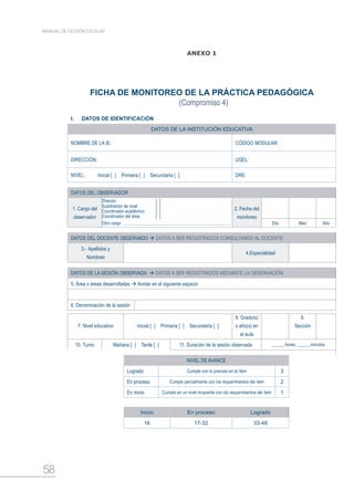 58
MANUAL DE GESTIÓN ESCOLAR
I.	 DATOS DE IDENTIFICACIÓN
DATOS DE LA INSTITUCIÓN EDUCATIVA
NOMBRE DE LA IE: CÓDIGO MODULAR:
DIRECCIÓN: UGEL:
NIVEL: Inicial [  ]  Primaria [  ]  Secundaria [  ] DRE:
DATOS DEL OBSERVADOR
1. Cargo del
observador
Director  [  ]
2. Fecha del
monitoreo
Subdirector de nivel [  ]
Coordinador académico [  ]
Coordinador del área   [  ]
Otro cargo Día Mes Año
DATOS DEL DOCENTE OBSERVADO  DATOS A SER REGISTRADOS CONSULTANDO AL DOCENTE
3.- Apellidos y
Nombres
4.Especialidad
DATOS DE LA SESIÓN OBSERVADA  DATOS A SER REGISTRADOS MEDIANTE LA OBSERVACIÓN
5. Área o áreas desarrolladas  Anotar en el siguiente espacio
6. Denominación de la sesión
7. Nivel educativo Inicial [  ]  Primaria [  ]  Secundaria [  ]
8. Grado(s)
o año(s) en
el aula
9.
Sección
10. Turno Mañana [  ]  Tarde [  ] 11. Duración de la sesión observada ­______horas; ­______minutos.
NIVEL DE AVANCE
Logrado Cumple con lo previsto en el ítem 3
En proceso Cumple parcialmente con los requerimientos del ítem 2
En inicio Cumple en un nivel incipiente con los requerimientos del ìtem 1
Inicio En proceso Logrado
16 17-32 33-48
ANEXO 1
FICHA DE MONITOREO DE LA PRÁCTICA PEDAGÓGICA
(Compromiso 4)
 