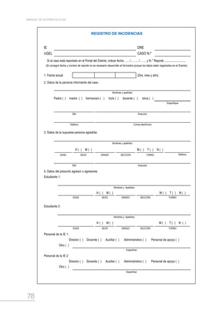 78
MANUAL DE GESTIÓN ESCOLAR
REGISTRO DE INCIDENCIAS
IE DRE
UGEL CASO N.º
Si el caso está reportado en el Portal del SíseVe, indicar fecha ……/………/……. y N.° Reporte ............................
(Si consignó fecha y número de reporte no es necesario desarrollar el formulario porque los datos están registrados en el SíseVe)
1. Fecha actual (Día, mes y año)
2. Datos de la persona informante del caso:
Nombres y apellidos
Padre ( )  madre ( )  hermana/o ( )   tío/a ( )   docente ( )   otros ( ) 
Especifique
DNI Dirección
Teléfono Correo electrónico
3. Datos de la supuesta persona agredida:
Nombres y apellidos
H (  )  M (  ) M (  )  T (  )  N (  )
EDAD SEXO GRADO SECCION TURNO Teléfono
DNI Dirección
4. Datos del presunto agresor o agresores:
Estudiante 1:
Nombres y Apellidos
H (  )  M (  ) M (  )  T (  )  N (  )
EDAD SEXO GRADO SECCIÓN TURNO
Estudiante 2:
Nombres y Apellidos
H (  )  M (  ) M (  )  T (  )  N (  )
EDAD SEXO GRADO SECCIÓN TURNO
Personal de la IE 1:
Director ( )  Docente ( )  Auxiliar ( )  Administrativo ( )  Personal de apoyo ( )
Otro (  )
Especificar
Personal de la IE 2:
Director ( )  Docente ( )  Auxiliar ( )  Administrativo ( )  Personal de apoyo ( )
Otro (  )
Especificar
 