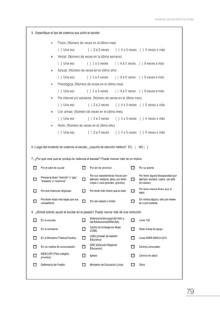 79
MANUAL DE GESTIÓN ESCOLAR
5. Especifique el tipo de violencia que sufrió el escolar
•	 Físico: (Número de veces en el último mes)
	 ( ) Una vez ( ) 2 a 3 veces ( ) 4 a 5 veces ( ) 6 veces a más
•	 Verbal: (Número de veces en la última semana)
	 ( ) Una vez ( ) 2 a 3 veces ( ) 4 a 5 veces ( ) 6 veces a más
•	 Sexual: (Número de veces en el último año)
	 ( ) Una vez ( ) 2 a 3 veces ( ) 4 a 5 veces ( ) 6 veces a más
•	 Psicológica: (Número de veces en el último mes)
	 ( ) Una vez ( ) 2 a 3 veces ( ) 4 a 5 veces ( ) 6 veces a más
•	 Por internet y/o celulares: (Número de veces en el último mes)
	 ( ) Una vez ( ) 2 a 3 veces ( ) 4 a 5 veces ( ) 6 veces a más
•	 Con armas: (Número de veces en el último mes)
	 ( ) Una vez ( ) 2 a 3 veces ( ) 4 a 5 veces ( ) 6 veces a más
•	 Hurto: (Número de veces en el último año)
	 ( ) Una vez ( ) 2 a 3 veces ( ) 4 a 5 veces ( ) 6 veces a más
6. Luego del incidente de violencia el escolar, ¿requirió de atención médica? SÍ ( ) NO ( )
7. ¿Por qué cree que se produjo la violencia al escolar? Puede marcar más de un motivo
 Por el color de su piel  Por ser de provincia  Por su acento

Porque le dicen “maricón” o “gay”,
“lesbiana” o “machona” 
Por sus características físicas (por
ejemplo: estatura, peso, por tener
orejas o nariz grandes, granitos)

Por tener alguna discapacidad (por
ejemplo: sordera, cojera, uso silla
de ruedas)
 Por sus creencias religiosas  Por tener más dinero que el resto 
Por tener menos dinero que el
resto

Por tener notas más bajas que sus
compañeros  Por ser callado o tímido 
Sin motivo alguno, sólo por moles-
tar o por burlarse
8. ¿Dónde solicitó ayuda el escolar en el pasado? Puede marcar más de una institución
 En la escuela 
Defensoría Municipal del Niño y
del Adolescente(DEMUNA)  Línea 100
 En la comisaría 
Centro de Emergencia Mujer
(CEM)  Otras líneas de apoyo
 En el Ministerio Público(Fiscalía) 
UGEL(Unidad de Gestión
Educativa)  Línea ANAR 0800-2-2210
 En los medios de comunicación 
DRE (Dirección Regional
Educación)  Centros comunales

INDECOPI (Para colegios
privados)  Iglesia  Centros de salud
 Defensoría del Pueblo  Ministerio de Educación (Lima)  Otros
 