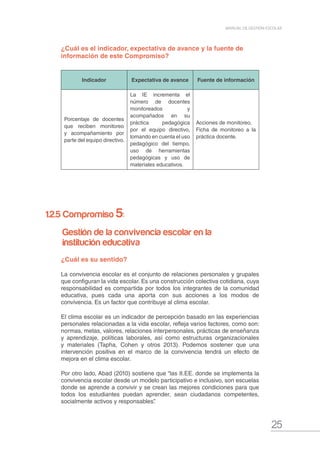 25
MANUAL DE GESTIÓN ESCOLAR
¿Cuál es su sentido?
La convivencia escolar es el conjunto de relaciones personales y grupales
que configuran la vida escolar. Es una construcción colectiva cotidiana, cuya
responsabilidad es compartida por todos los integrantes de la comunidad
educativa, pues cada una aporta con sus acciones a los modos de
convivencia. Es un factor que contribuye al clima escolar.
El clima escolar es un indicador de percepción basado en las experiencias
personales relacionadas a la vida escolar, refleja varios factores, como son:
normas, metas, valores, relaciones interpersonales, prácticas de enseñanza
y aprendizaje, políticas laborales, así como estructuras organizacionales
y materiales (Tapha, Cohen y otros 2013). Podemos sostener que una
intervención positiva en el marco de la convivencia tendrá un efecto de
mejora en el clima escolar.
Por otro lado, Abad (2010) sostiene que “las II.EE. donde se implementa la
convivencia escolar desde un modelo participativo e inclusivo, son escuelas
donde se aprende a convivir y se crean las mejores condiciones para que
todos los estudiantes puedan aprender, sean ciudadanos competentes,
socialmente activos y responsables”.
¿Cuál es el indicador, expectativa de avance y la fuente de
información de este Compromiso?
Indicador Expectativa de avance Fuente de información
Porcentaje de docentes
que reciben monitoreo
y acompañamiento por
parte del equipo directivo.
La IE incrementa el
número de docentes
monitoreados y
acompañados en su
práctica pedagógica
por el equipo directivo,
tomando en cuenta el uso
pedagógico del tiempo,
uso de herramientas
pedagógicas y uso de
materiales educativos.
Acciones de monitoreo.
Ficha de monitoreo a la
práctica docente.
1.2.5 Compromiso 5:
Gestión de la convivencia escolar en la
institución educativa
 