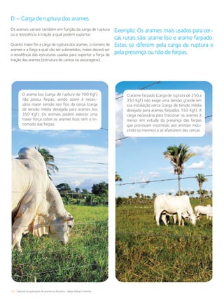 10 Manual de aplicações de arames na Pecuária - Belgo Bekaert Arames
D – Carga de ruptura dos arames
Os arames variam também em função da carga de ruptura
ou a resistência à tração a qual podem suportar.
Quanto maior for a carga de ruptura dos arames, o número de
arames e a força a qual vão ser submetidos, maior deverá ser
a resistência das estruturas usadas para suportar a força de
tração dos arames (estrutura de cantos ou ancoragens).
Exemplo: Os arames mais usados para cer-
cas rurais são: arame liso e arame farpado.
Estes se diferem pela carga de ruptura e
pela presença ou não de farpas.
O arame liso (carga de ruptura de 700 Kgf)
não possui farpas, sendo assim é neces-
sário maior tensão nos fios da cerca (carga
de tensão média desejada para arames liso
350 Kgf). Os animais podem exercer uma
maior força sobre os arames lisos sem o in-
comodo das farpas.
O arame farpado (carga de ruptura de 250 a
350 Kgf) não exige uma tensão grande em
sua instalação cerca (carga de tensão média
desejada para arames farpados 150 Kgf). A
carga necessária para tracionar os arames é
menor em virtude da presença das farpas
que provocam incomodo aos animais indu-
zindo os mesmos a se afastarem das cercas.
 