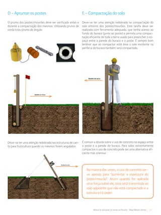 13Manual de aplicações de arames na Pecuária - Belgo Bekaert Arames
D - Aprumar os postes
O prumo dos postes/mourões deve ser verificado antes e
durante a compactação dos mesmos. Utilizando prumo de
corda e/ou prumo de ângulo.
Deve-se ter uma atenção redobrada nas estruturas de can-
to para fruticultura quando os mesmos forem angulados.
E - Compactação do solo
Deve-se ter uma atenção redobrada na compactação do
solo entorno dos postes/mourões. Esta tarefa deve ser
realizada com ferramenta adequada, que tenha acesso ao
fundo do buraco (junto ao poste) e permita uma compac-
tação eficiente de toda a terra usada para preencher o es-
paço entre a parede do buraco e o poste. É sempre bom
lembrar que ao compactar está área o solo existente na
periferia do buraco também será compactado.
É comum a dúvida sobre o uso de concreto no espaço entre
o poste e a parede do buraco. Para solos extremamente
compactos o uso de concreto pode ser uma alternativa efi-
ciente mas onerosa.
Na maioria das vezes, o uso de concreto ser-
ve apenas para “aumentar a espessura do
poste/mourão”. Assim quando for aplicada
uma força sobre ele, esta será transmitida ao
solo adjacente que não está compactado e a
estrutura irá ceder.
 