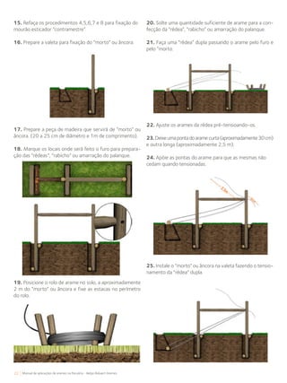 22 Manual de aplicações de arames na Pecuária - Belgo Bekaert Arames
15. Refaça os procedimentos 4,5,6,7 e 8 para fixação do
mourão esticador “contramestre”.
16. Prepare a valeta para fixação do “morto” ou âncora.
17. Prepare a peça de madeira que servirá de “morto” ou
âncora. (20 a 25 cm de diâmetro e 1m de comprimento).
18. Marque os locais onde será feito o furo para prepara-
ção das “rédeas”, “rabicho” ou amarração do palanque.
19. Posicione o rolo de arame no solo, a aproximadamente
2 m do “morto” ou âncora e fixe as estacas no perímetro
do rolo.
20. Solte uma quantidade suficiente de arame para a con-
fecção da “rédea”, “rabicho” ou amarração do palanque.
21. Faça uma “rédea” dupla passando o arame pelo furo e
pelo “morto.
22. Ajuste os arames da rédea pré-tensioando-os.
23.Deixeumapontadoaramecurta(aproximadamente30cm)
e outra longa (aproximadamente 2,5 m).
24. Apóie as pontas do arame para que as mesmas não
cedam quando tensionadas.
25. Instale o “morto” ou âncora na valeta fazendo o tensio-
namento da “rédea” dupla.
 